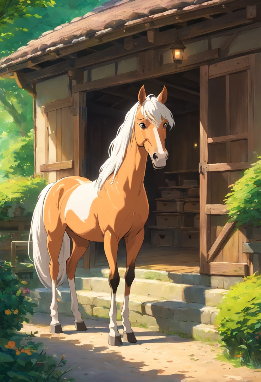 (Best quality, 4K, high resolucion, Masterpiece:1.2), Ultra-detailed, Realstic:1.37, Hdr, impressionniste, Vibrant colors, softlighting, Gauguin's influence, Passionate atmosphere, Sensual depiction, natural beauty, Moment intime, Environnement rural, traits expressifs, Emotional connection, Equine Bond, Pose candide, Rustic Stables, Authentic representation, Textures riches, verdure luxuriante, tranquil ambiance, Delicate brush making, composition harmonieuse, mouvements gracieux, Sensitive Lighting, Artistic freedom, atmospheric perspective, Poetic representation, Evocative landscapes, Compelling narrative, Une narration captivante, Formes organiques, The majestic presence of the horse, Interaction with the RFP, Cultural reference, Aesthetic pleasure.