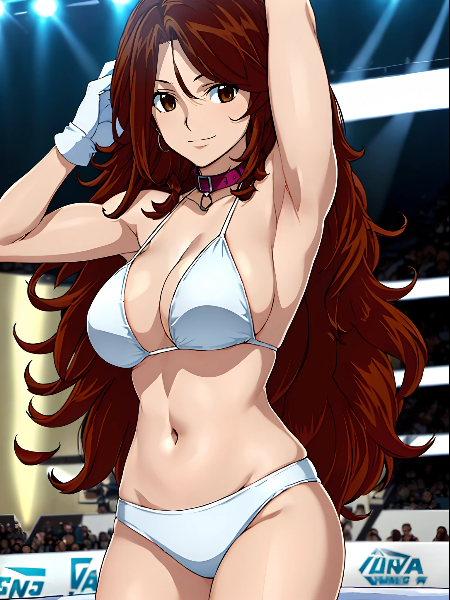 hug, Elegant lady, (upper body only), anime style: 1.8, anime drawing, ultra detailed face, ultra detailed body, 4k, Sumergai Lee Noriega, (standing), best quality, anime style, hires, highest definition, digital blending, bold drawing lines, ((wwe diva), (location: wrestling arena, crowds watching), ( slim body, (little biceps), , off-shoulders, closed fists, (curvy: 2.8)), ((white bikini, only, white gloves, collar, armpit protector)), victorious, winner, gentle, (pale skin, shiny skin, very big breasts, smile), (big eyes, brown eyes), (clapping), (brown hair, loose hair, curly hair, wavy hair, long hair, missy hair), 27 years old,