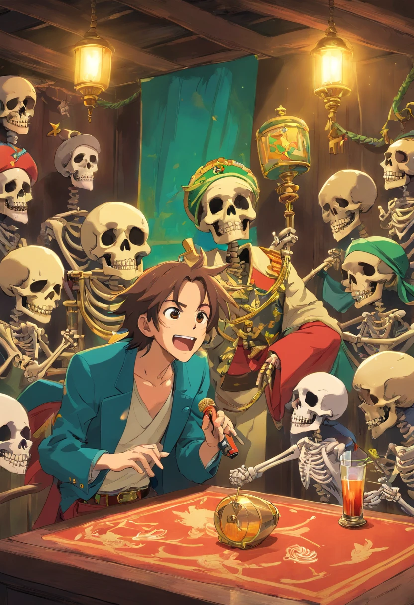 reggae, illustratio,Matte Effect[Matte Fukuto][Matt Fukuto], artistic,Singing, microphone, alcohol,skull, captain, Reggae skeletons are singing,livestream, banquet,wall paintings, goblet, a pirate, Skeleton Mask