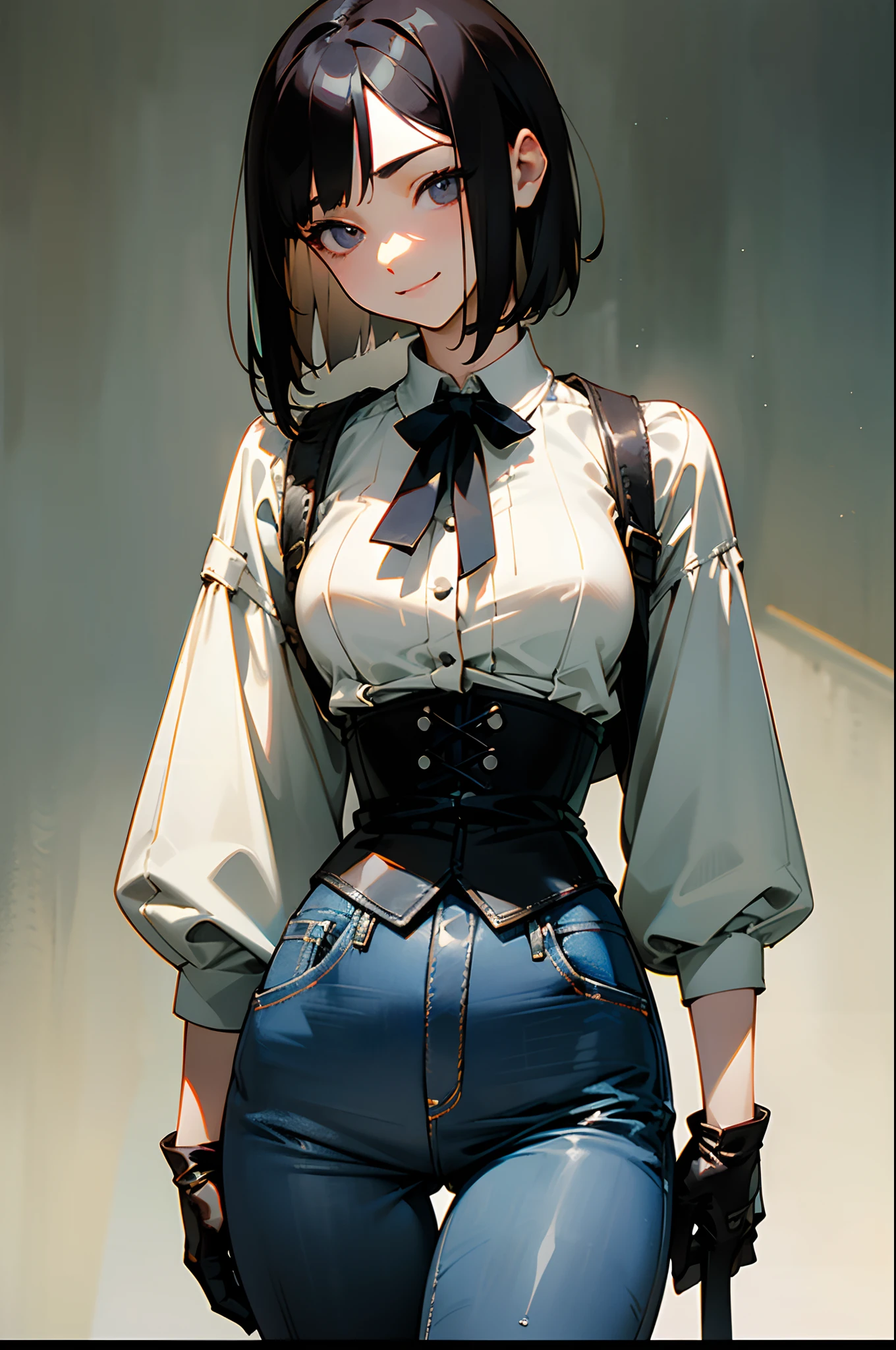 ​masterpiece、top-quality、1 Japan Girl、People Focus、Body-fitting fashion、Tight fashion、Skinny Denim、White shirt、corsets、Black long boots、Long black gloves in leather、A dark-haired、Short Bob、Unpleasant smile、Ruthless atmosphere、Super detailed illustration、extra detailed face、Raw photography、film grains、Deviantart Trends。