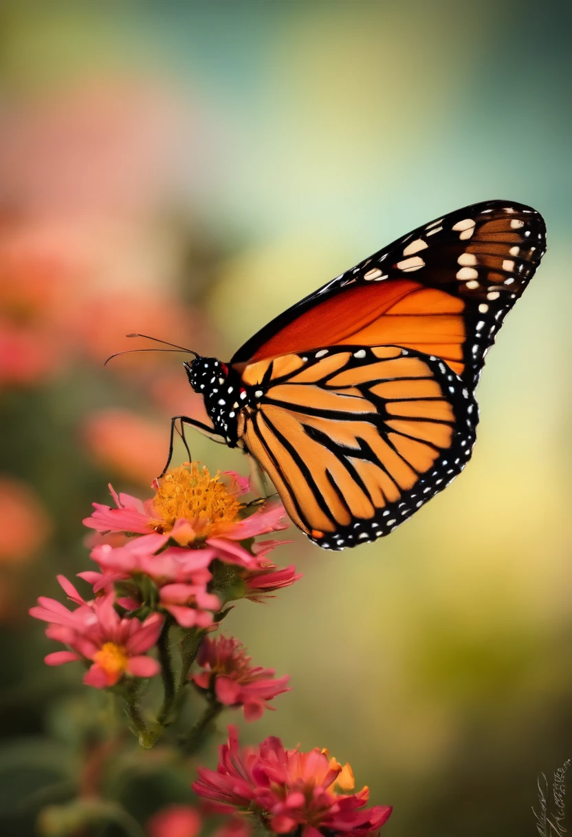 una mariposa pintada con brocha   gorda+muy colorida+posada en un girasol