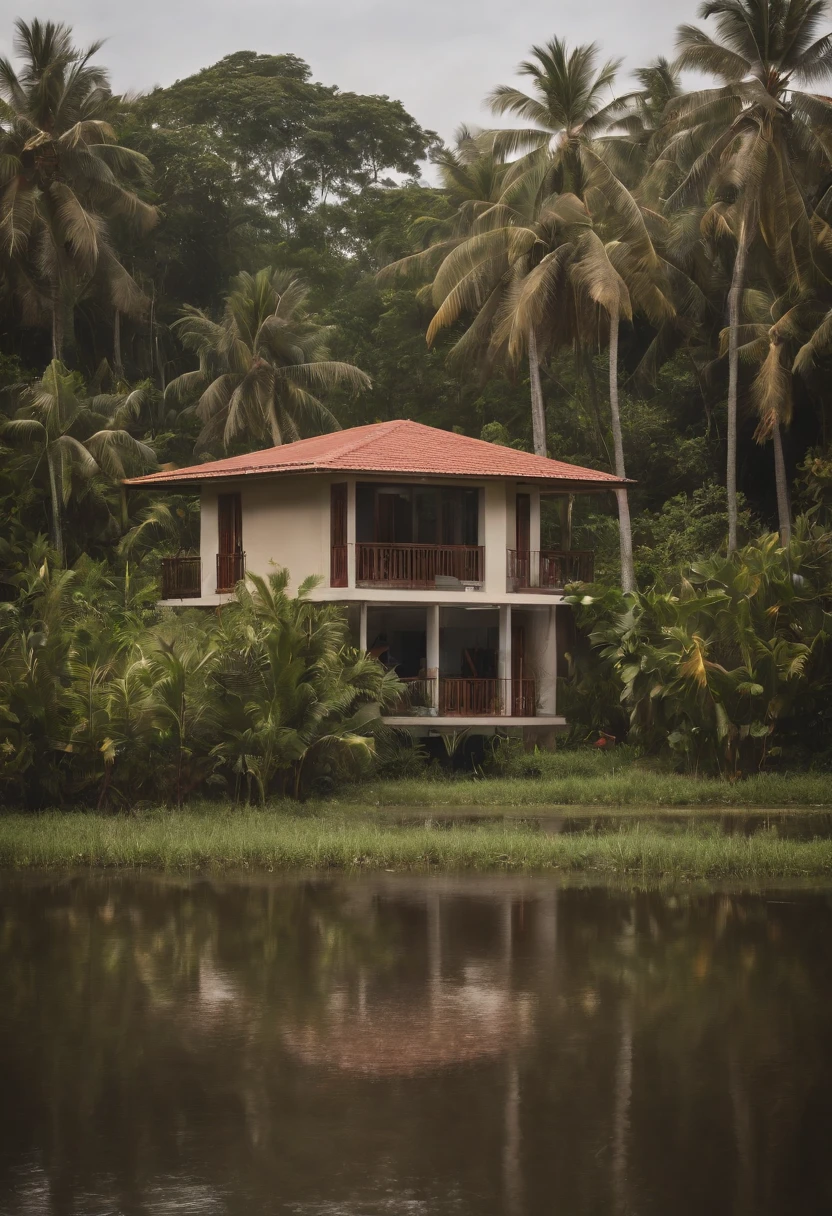 Single-family duplex house next to water bodies and forests in tropical climates