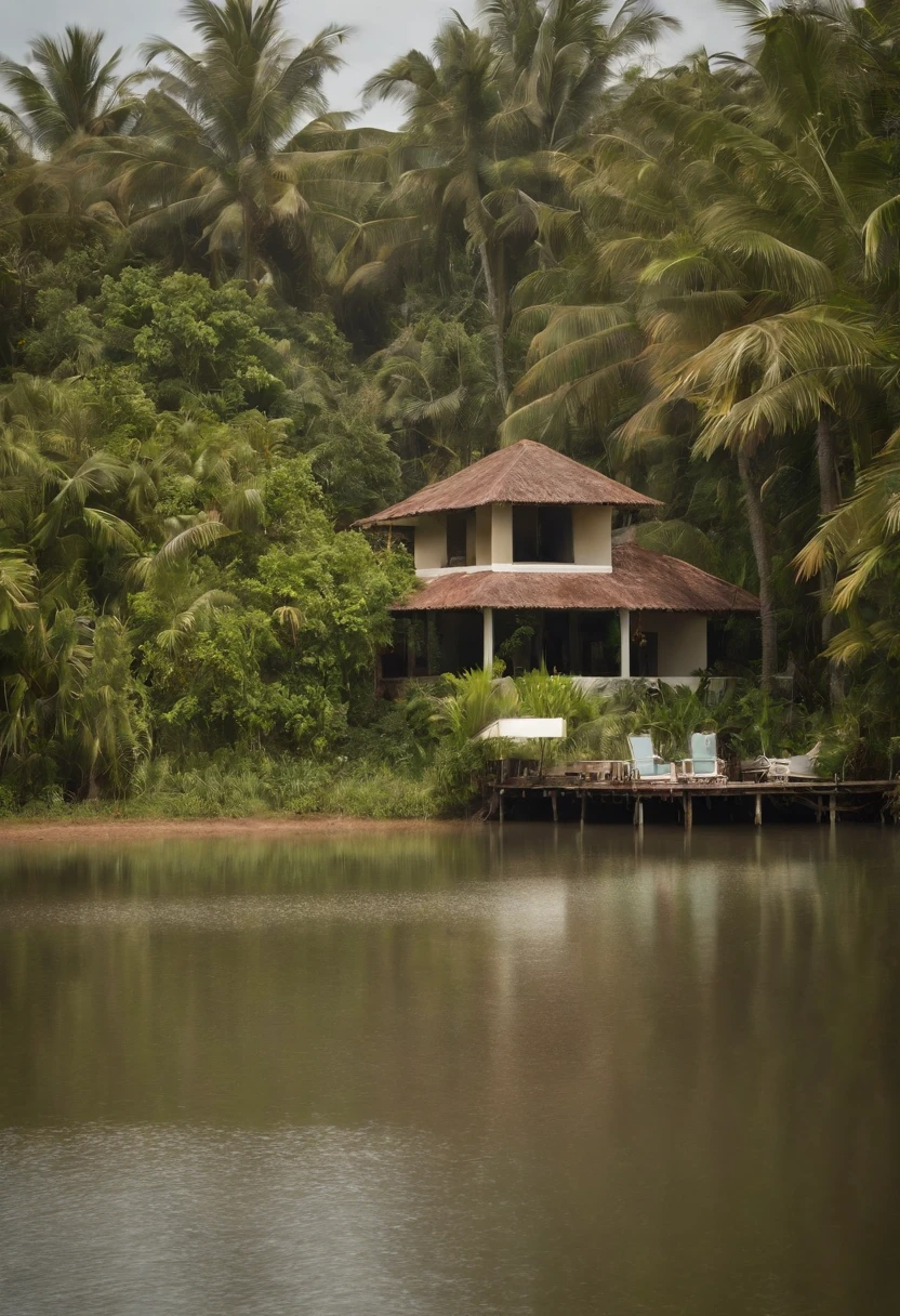 Single-family duplex house next to water bodies and forests in tropical climates