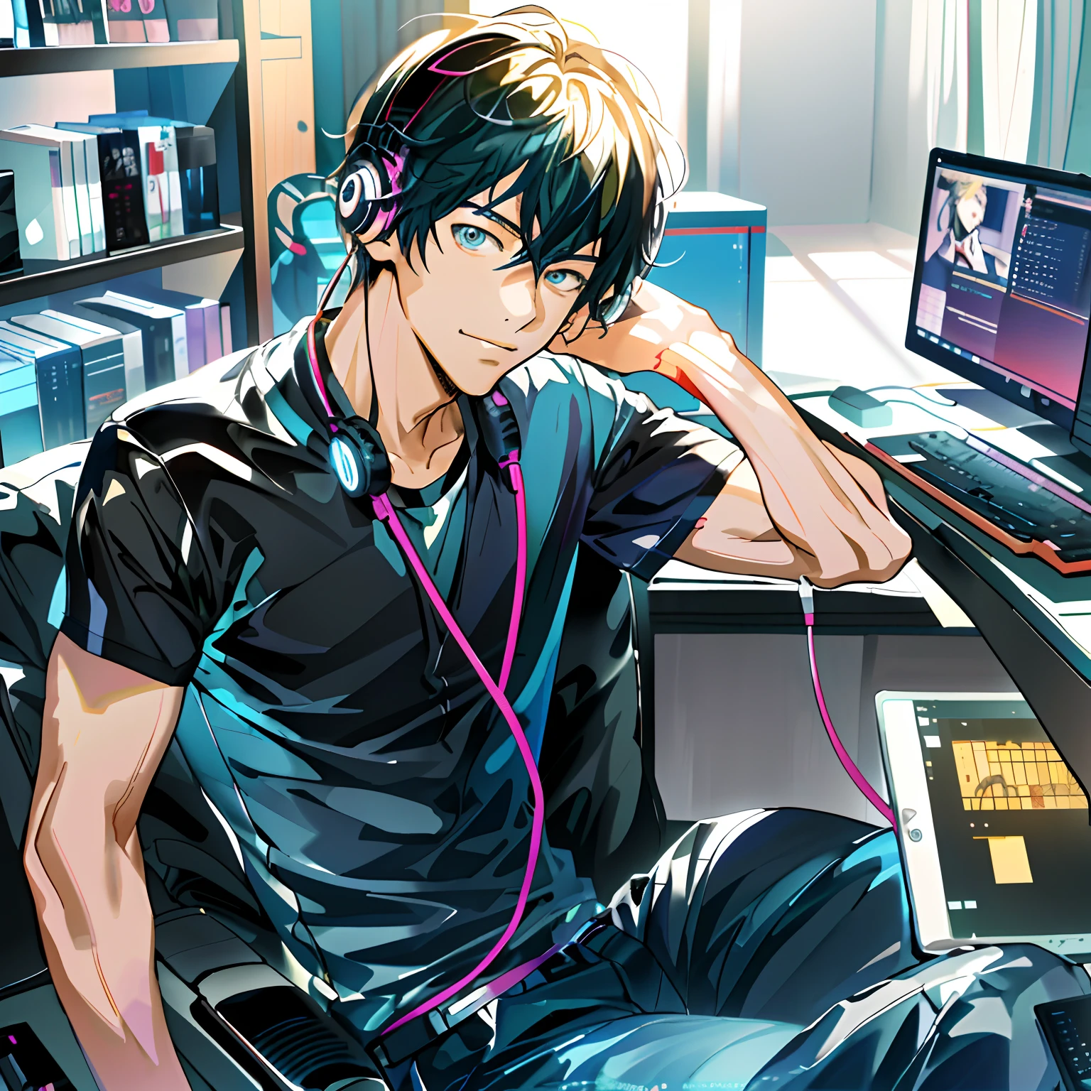 Anime man sitting in front of laptop with headphones on, Handsome Anime Pose, digital anime illustration, anime handsome guy, young anime man, shigenori soejima illustration, digital anime art, Smooth Anime CG Art, anime style 4 k, inspired by Masanobu Okumura, Anime Boy, High quality anime art style, digital art in anime style