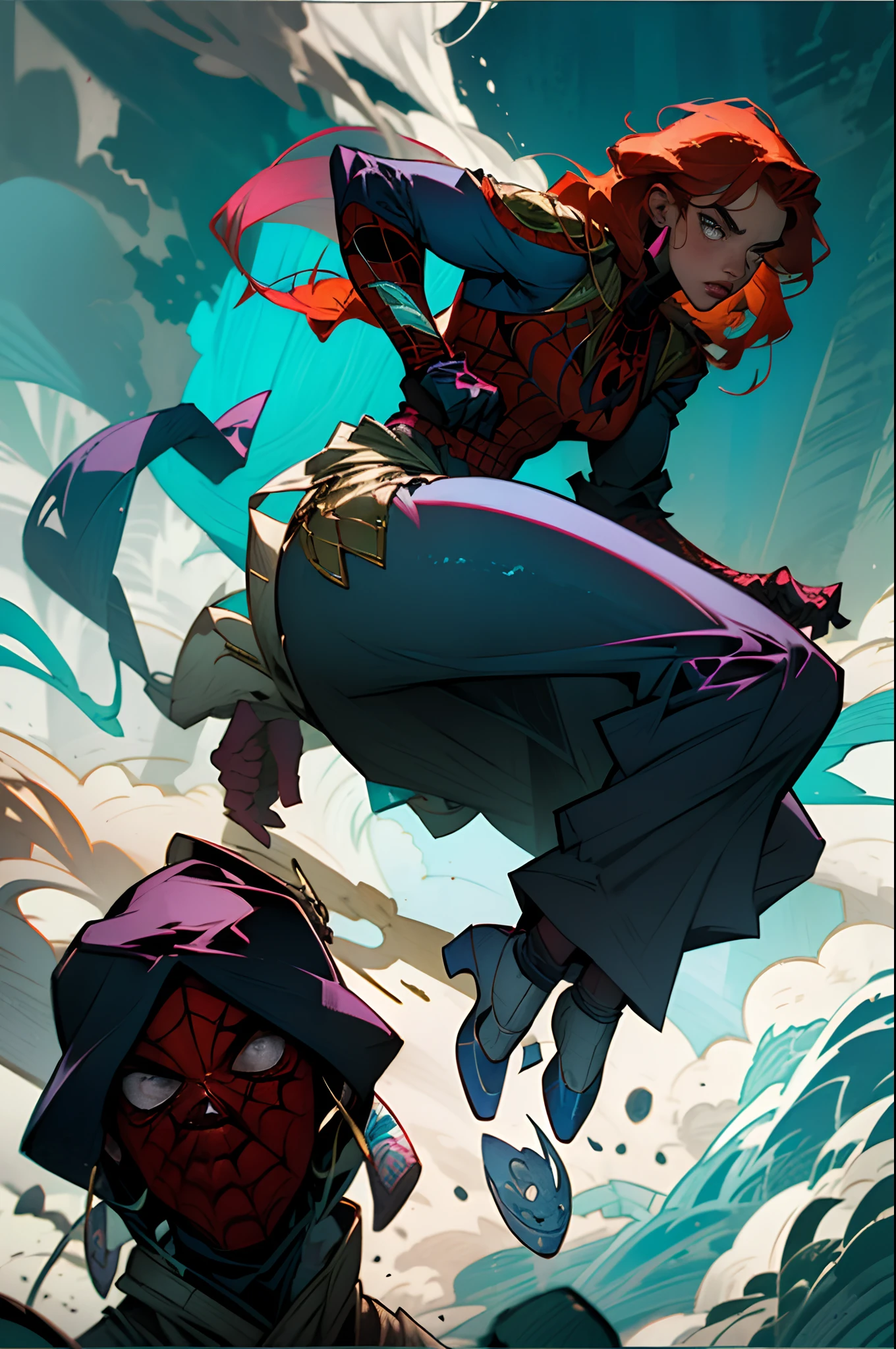 panel comics Marvel, Korean boy with long wavy redhead girl, spider man, costumes noir,