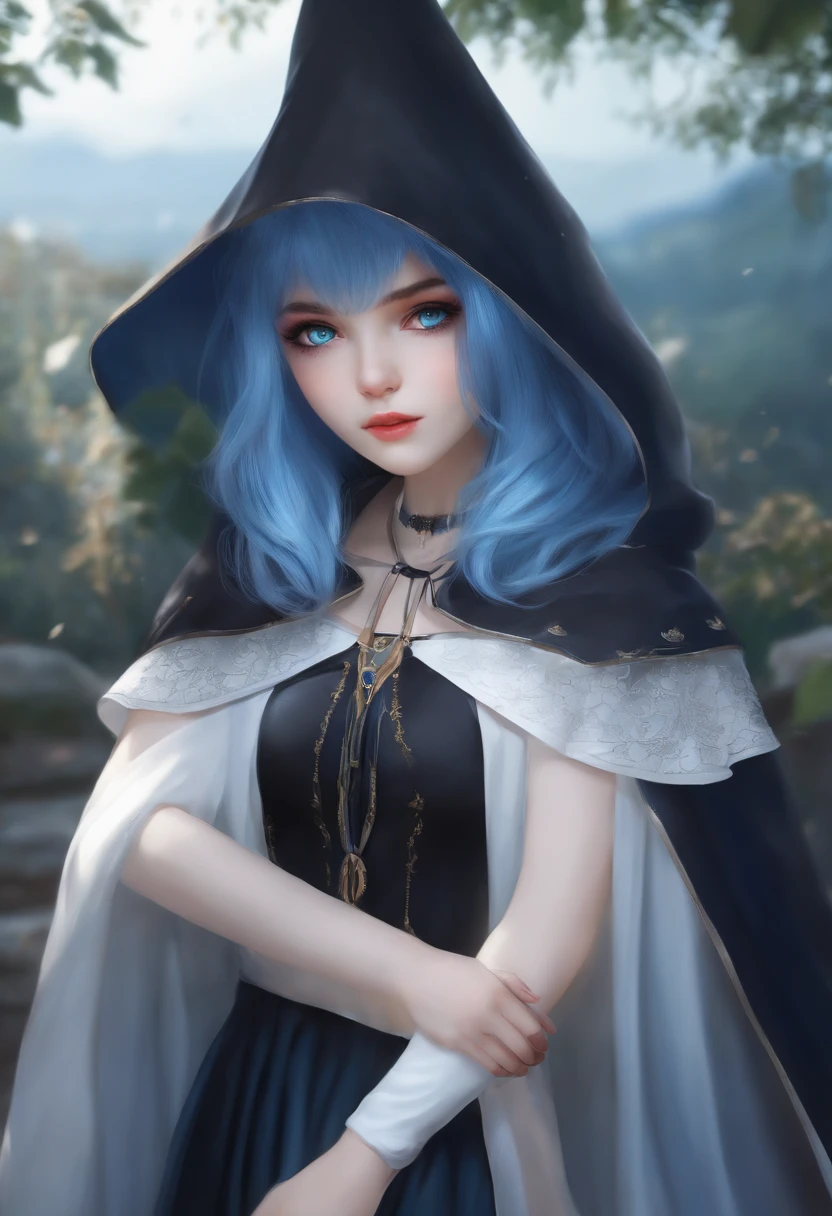 1girll, Lilaville, Blue hair, Blue eyes, Short hair, a black cloak, Skirt, White pantyhose