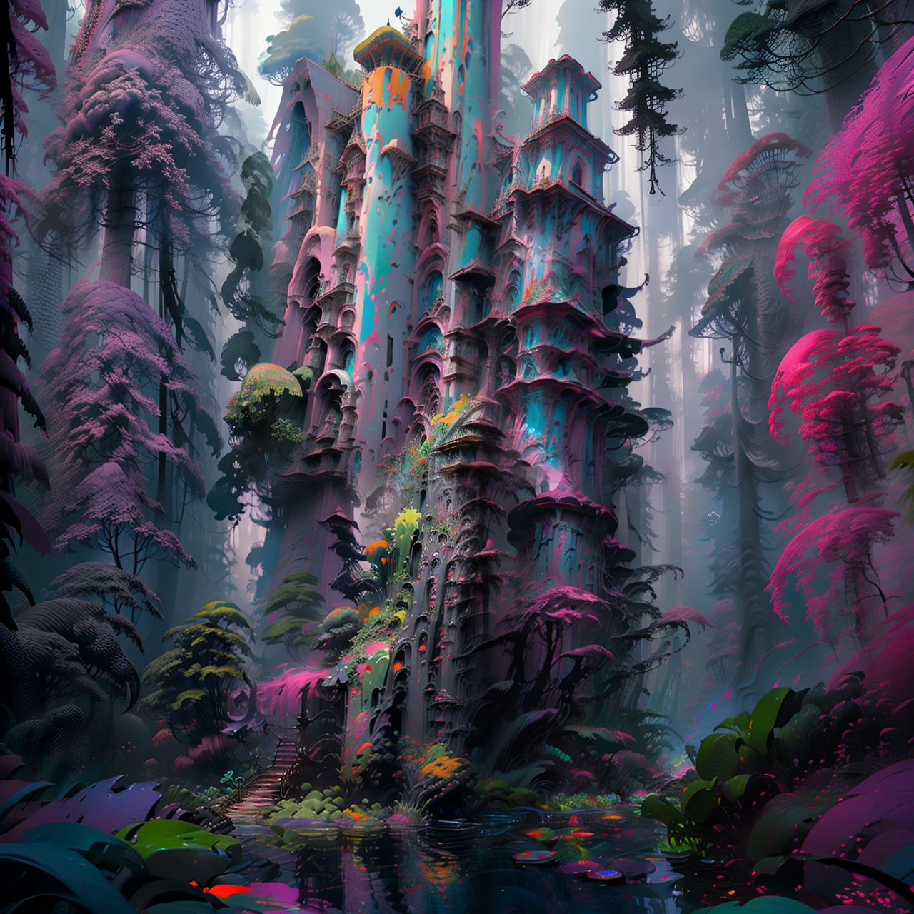 brightly colored digital painting of a fantasy forest with a pond, surreal alien kingdom, surreal concept art, surreal 3 d render, greg beeple, style hybrid mix of beeple, otherworldly visuals, colourful biomorphic temple, it by Mike "Beeple" Winkelmann, surreal + highly detailed, thomas veyrat intricate