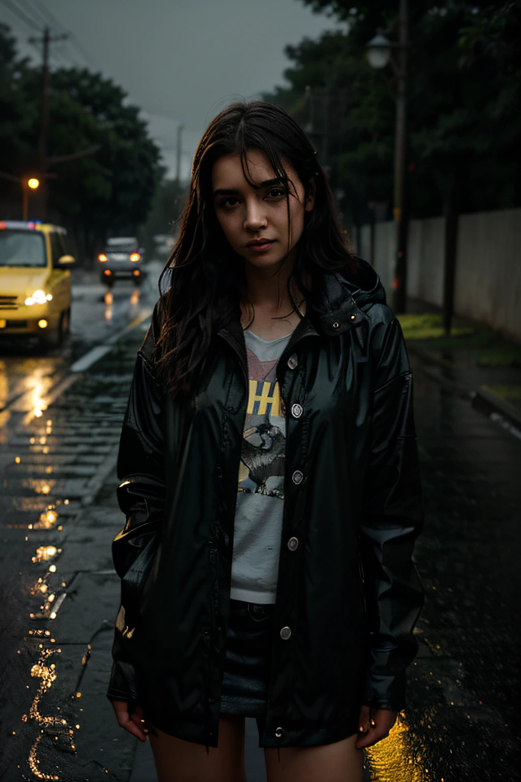 make girl wet in the rain standing on the road with night light and yellow shadow on her face