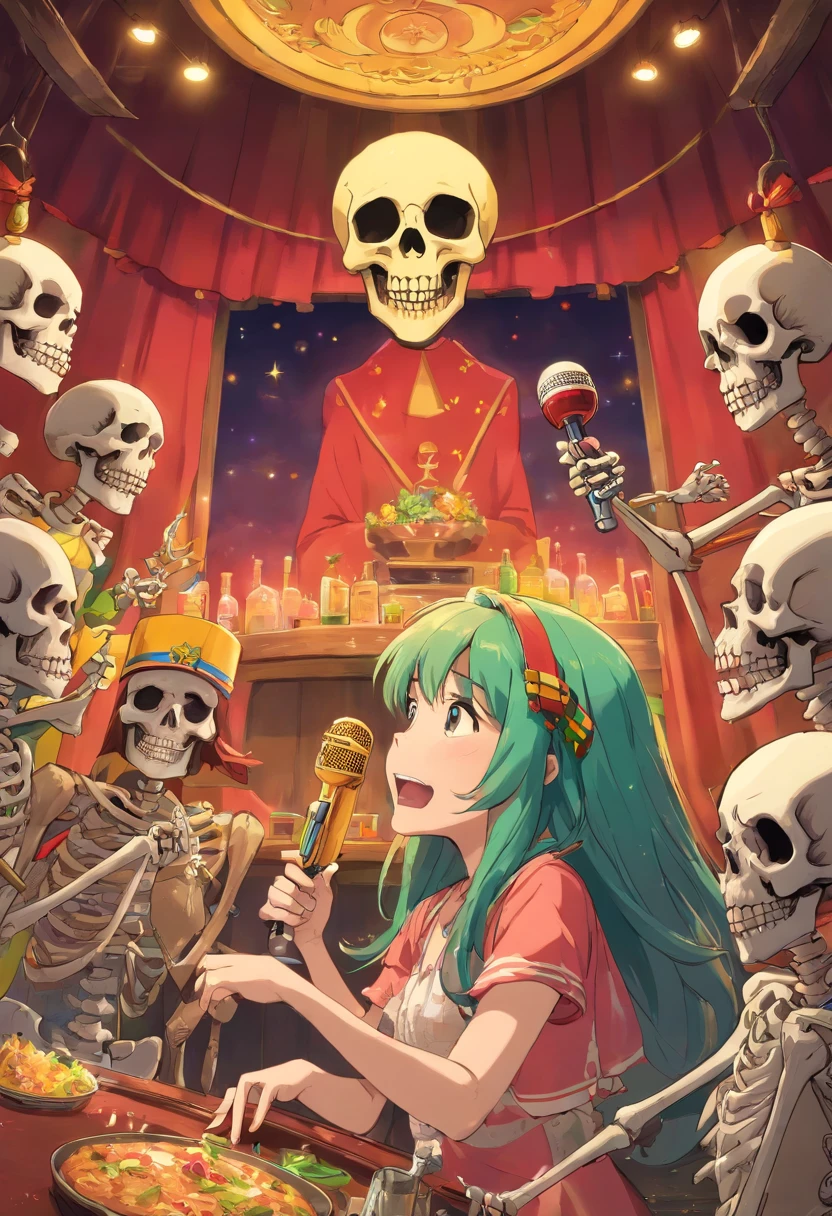 illustration ,Matte Effect, [Matte Fukuto], [Matt Fukuto], artistic, Singing, microphone, alcohol, skull, skeletons are in a party, modern, discoteque, livestream, banquet, wall paintings, Skeleton Mask, modern era, casual clothes