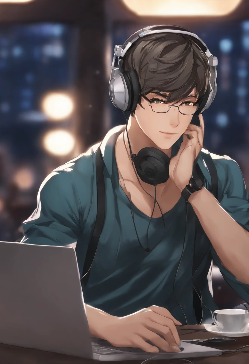 Anime man sitting in front of laptop with headphones on, Handsome Anime Pose, digital anime illustration, anime handsome guy, young anime man, shigenori soejima illustration, digital anime art, Smooth Anime CG Art, anime style 4 k, inspired by Masanobu Okumura, Anime Boy, High quality anime art style, digital art in anime style