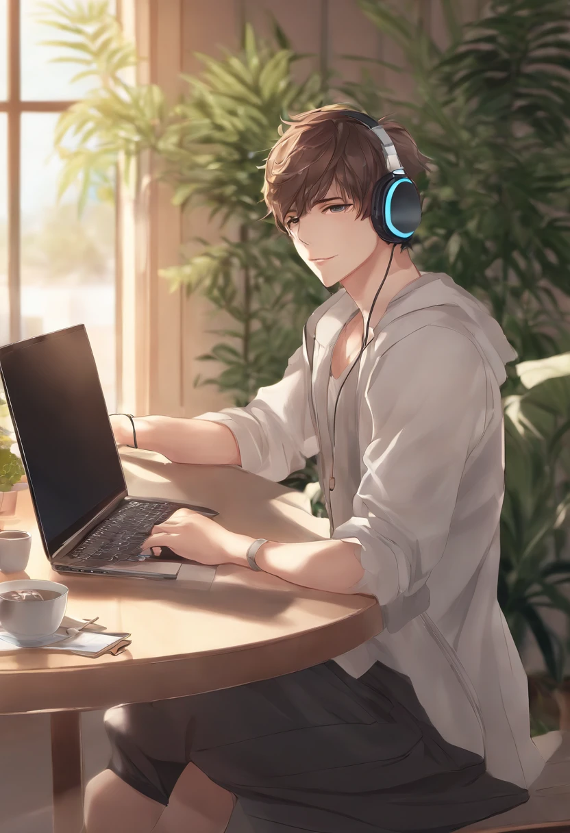 Anime man sitting in front of laptop with headphones on, Handsome Anime Pose, digital anime illustration, anime handsome guy, young anime man, shigenori soejima illustration, digital anime art, Smooth Anime CG Art, anime style 4 k, inspired by Masanobu Okumura, Anime Boy, High quality anime art style, digital art in anime style