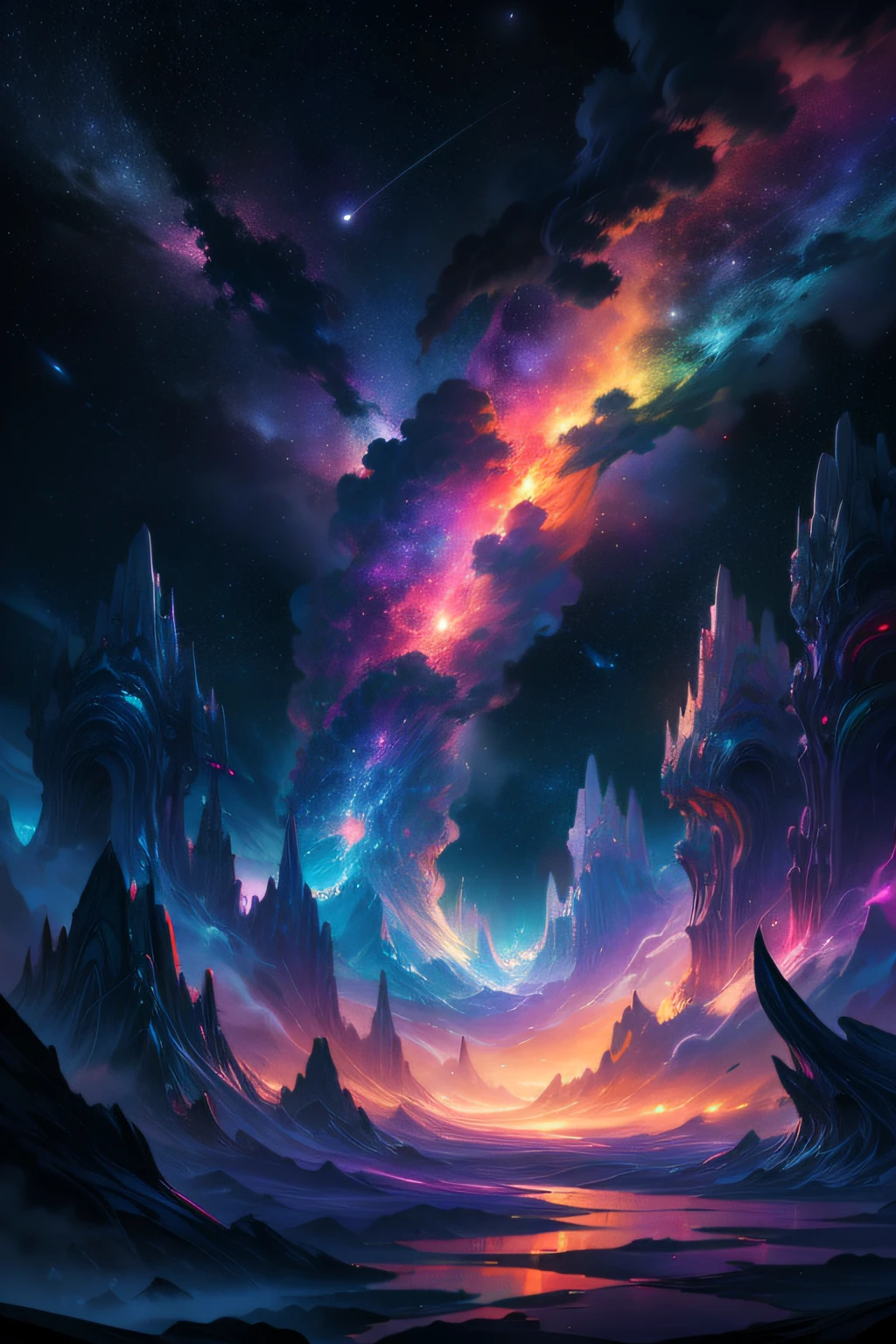 Create abstract images inspired by colorful nebulae. Using vivid shapes and colors、Depicts clouds of interstellar gas and dust, Create mysterious and enchanting scenes.