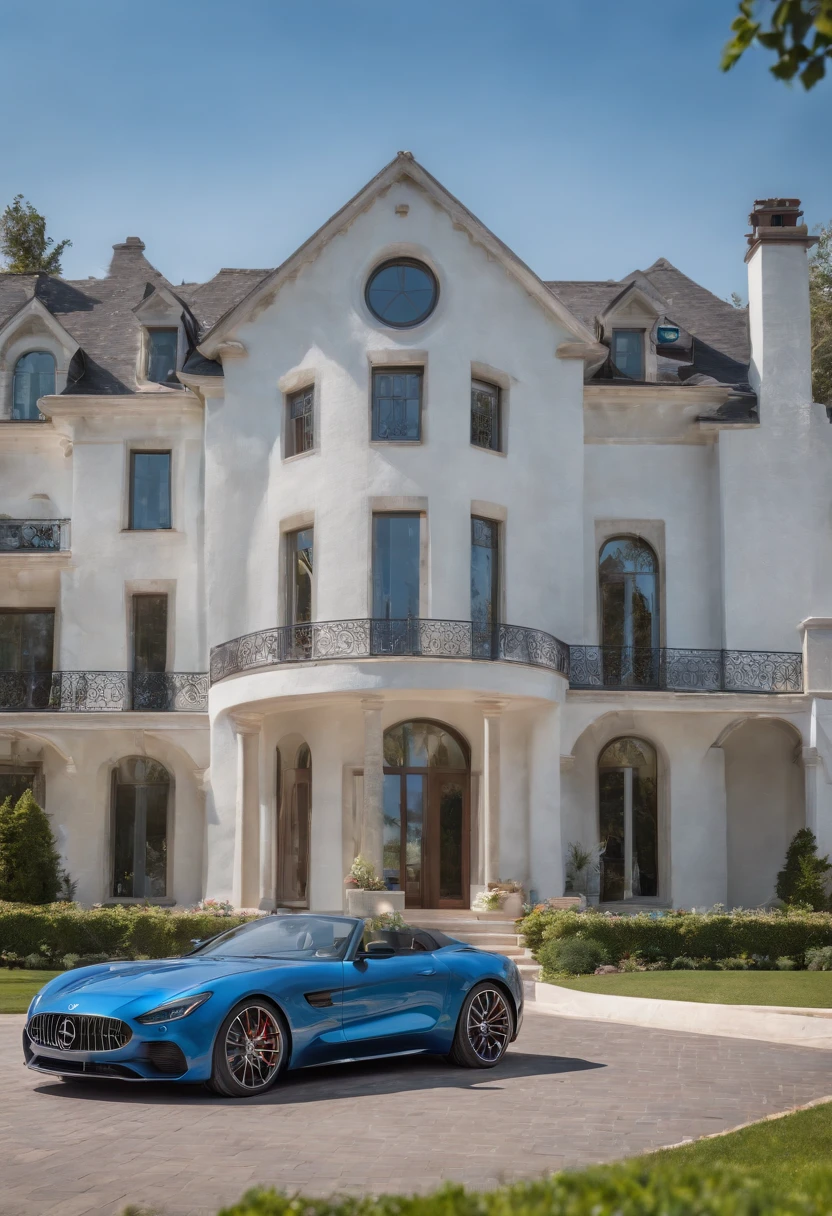 Modern mansion with a car in front, blue sky, promotional photo, intricate details, HDR, cinematic, adobe lightroom, highly detailed, epic photography, hyper realistic, real photo, clear photo, vibrant colors