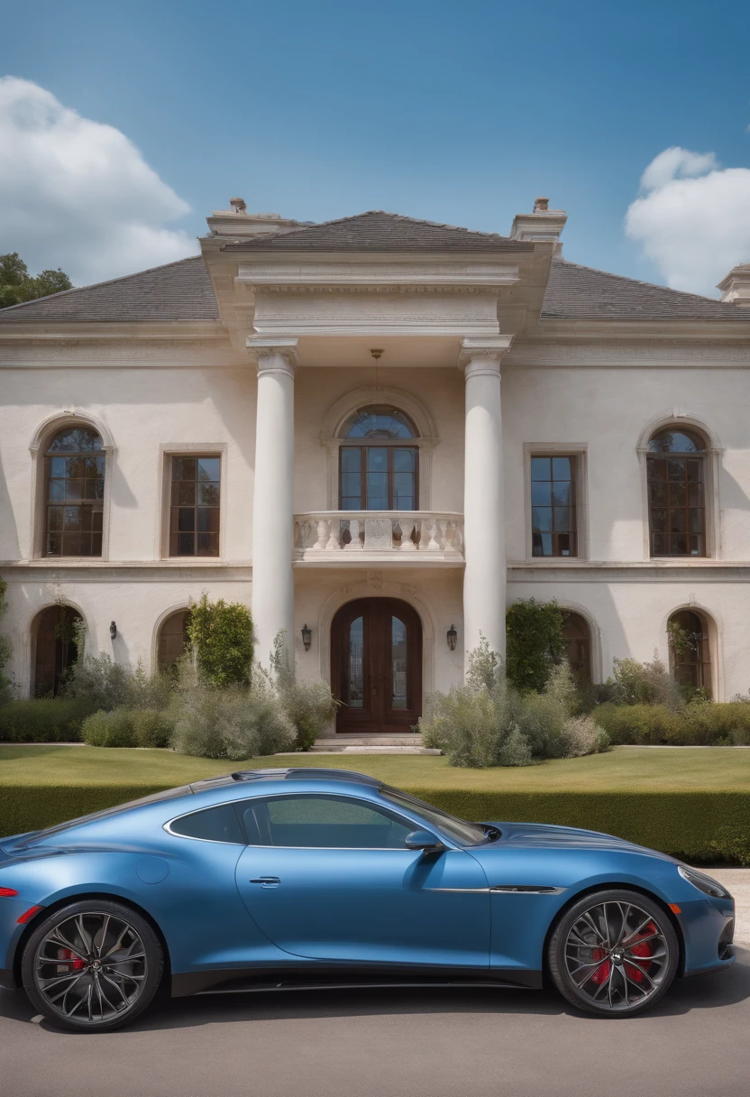 Modern mansion with a car in front, blue sky, promotional photo, intricate details, HDR, cinematic, adobe lightroom, highly detailed, epic photography, hyper realistic, real photo, clear photo, vibrant colors