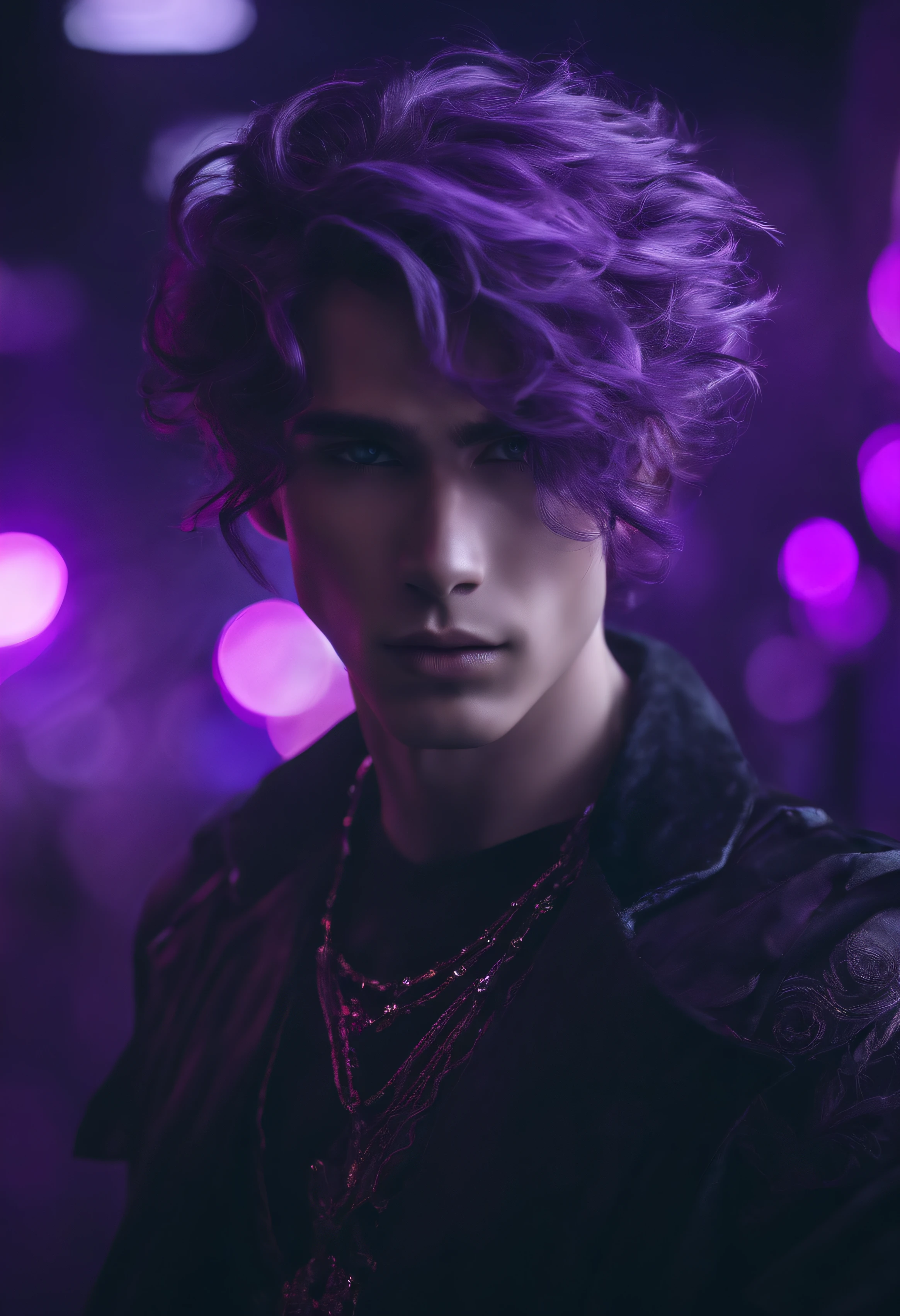 personagem masculino, cabelo roxo, roxo neon, WMASK, Tern, anime, Escuro