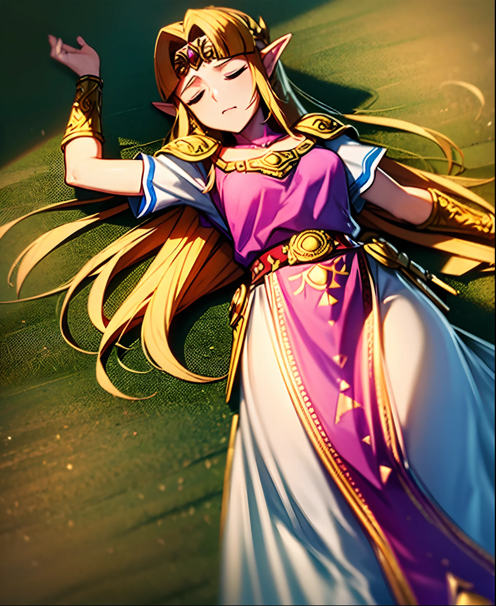 Princess Zelda has been thrown down and supine and defeated on her back after a harsh throw and combo by Ganondorf, her eyes closed and down for the count, unable to recover from attacks. The Smash Bros. match was at the Great Plateau in Hyrule. (Princess Zelda supine and beaten in the match, focal point: 1.2), (Zelda has shallow breaths: 1.0), camera focuses on Princess Zelda's defeated and tired body: 1.9