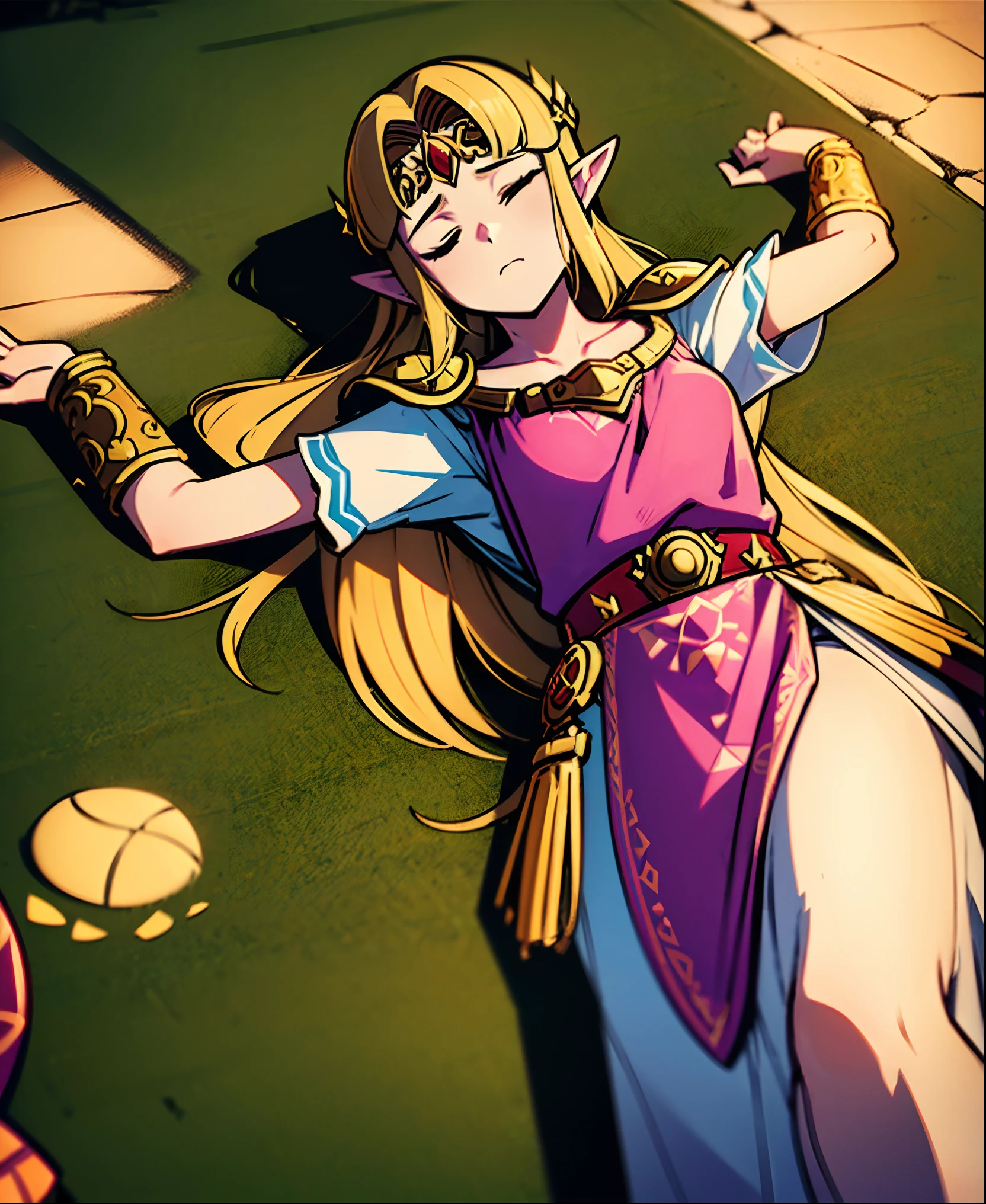 Princess Zelda has been thrown down and supine and defeated on her back after a harsh throw and combo by Ganondorf, her eyes closed and down for the count, unable to recover from attacks. The Smash Bros. match was at the Great Plateau in Hyrule. (Princess Zelda supine and beaten in the match, focal point: 1.2), (Zelda has shallow breaths: 1.0), camera focuses on Princess Zelda's defeated and tired body: 1.9