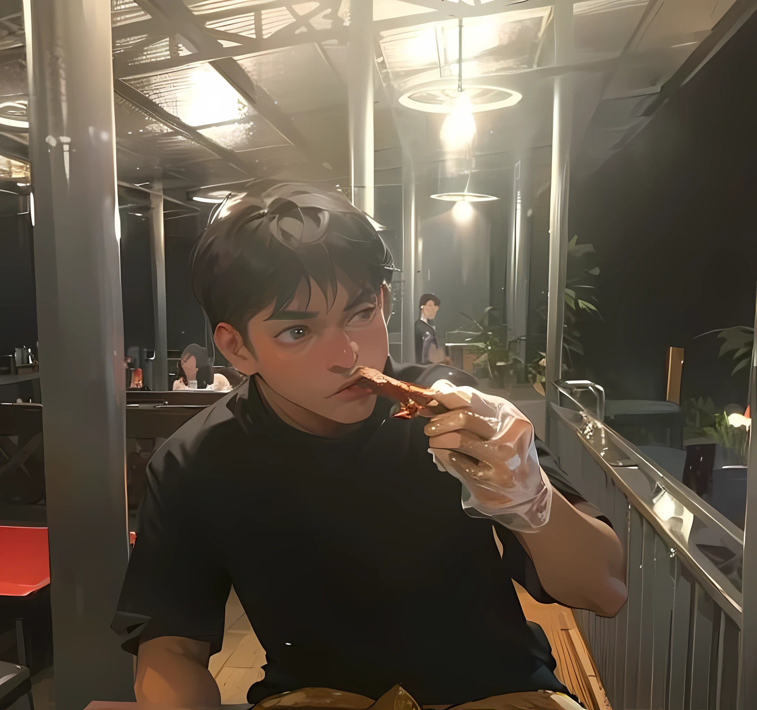 there is a man sitting at a table eating a piece of food, inspired by Abidin Dino, eating meat, eating, taehyung eating gucci fries, eating outside, profile photo, mukbang, facebook post, 2 7 years old, 2 8 years old, thawan duchanee, eating pizza, profile picture, ready to eat, 2 9 years old