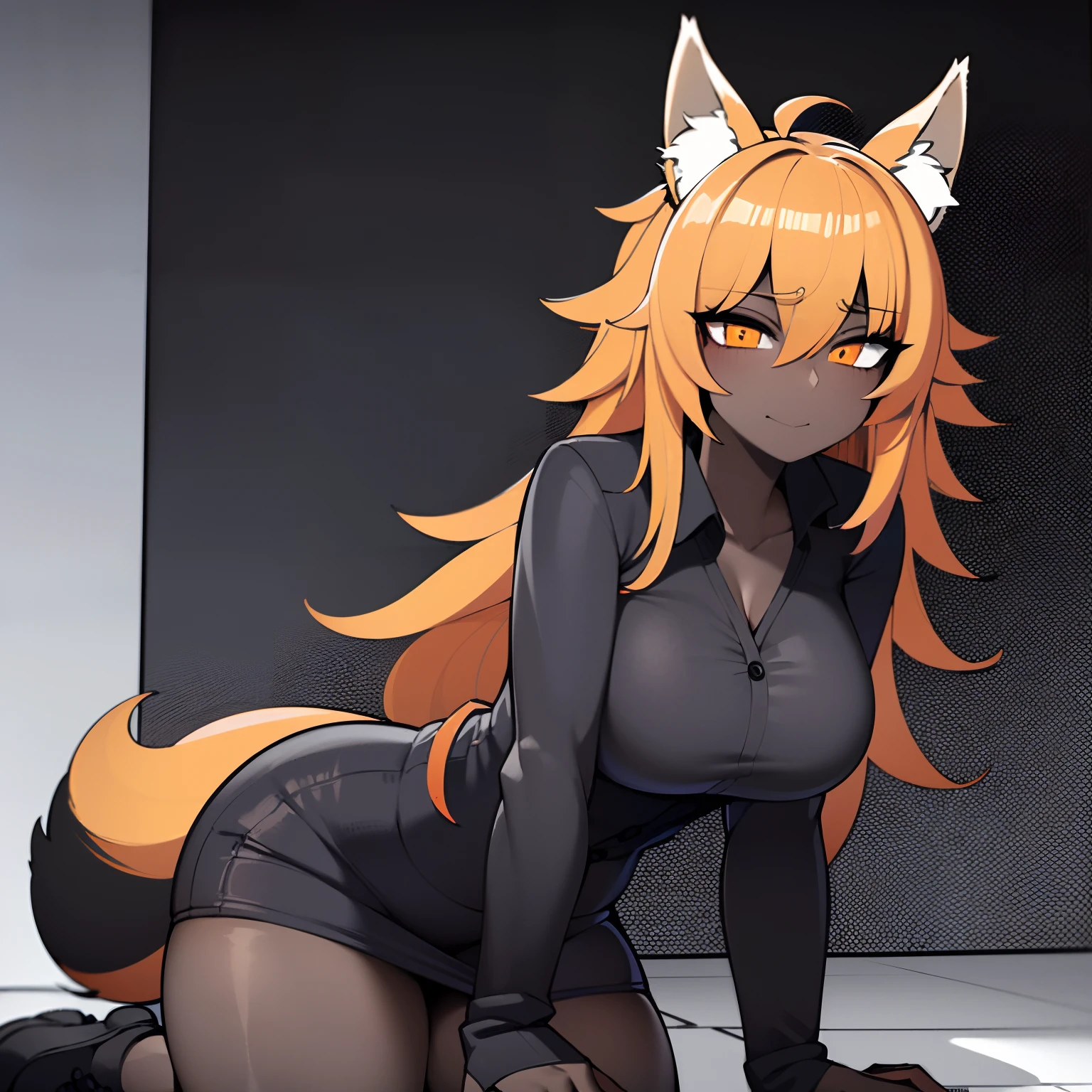 (masterpiece,best quality,ultra-detailed),1girl,orange hair,messy hair, black shirt,black jacket,(fox ears),beautiful eyes,(colored skin, grey-blue skin),in a alleyway,(grey theme),(pastel colors theme)