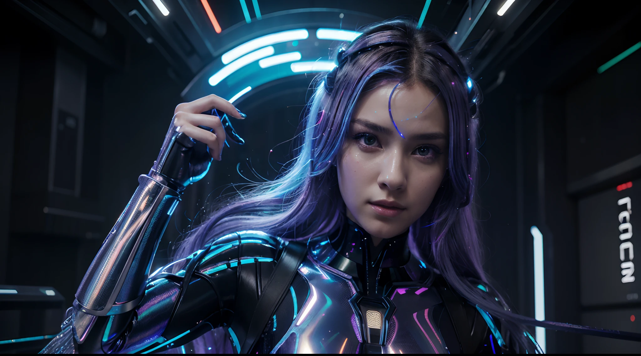 high quality, 8K Ultra HD, full body, have a cyber saber, a mesmerizing 20-year-old woman with a futuristic beauty that seems to transcend time and space, intricately woven into her very being, encased in the cybernetic suit, move with fluidity and precision, Her flowing hair resembles streams of neon lights, casting a vibrant glow that adds a touch of cyberpunk brilliance to her appearance, Each strand of hair is meticulously crafted with holographic patterns that shimmer and shift, creating an ever-changing display of colors, by yukisakura, highly detailed,