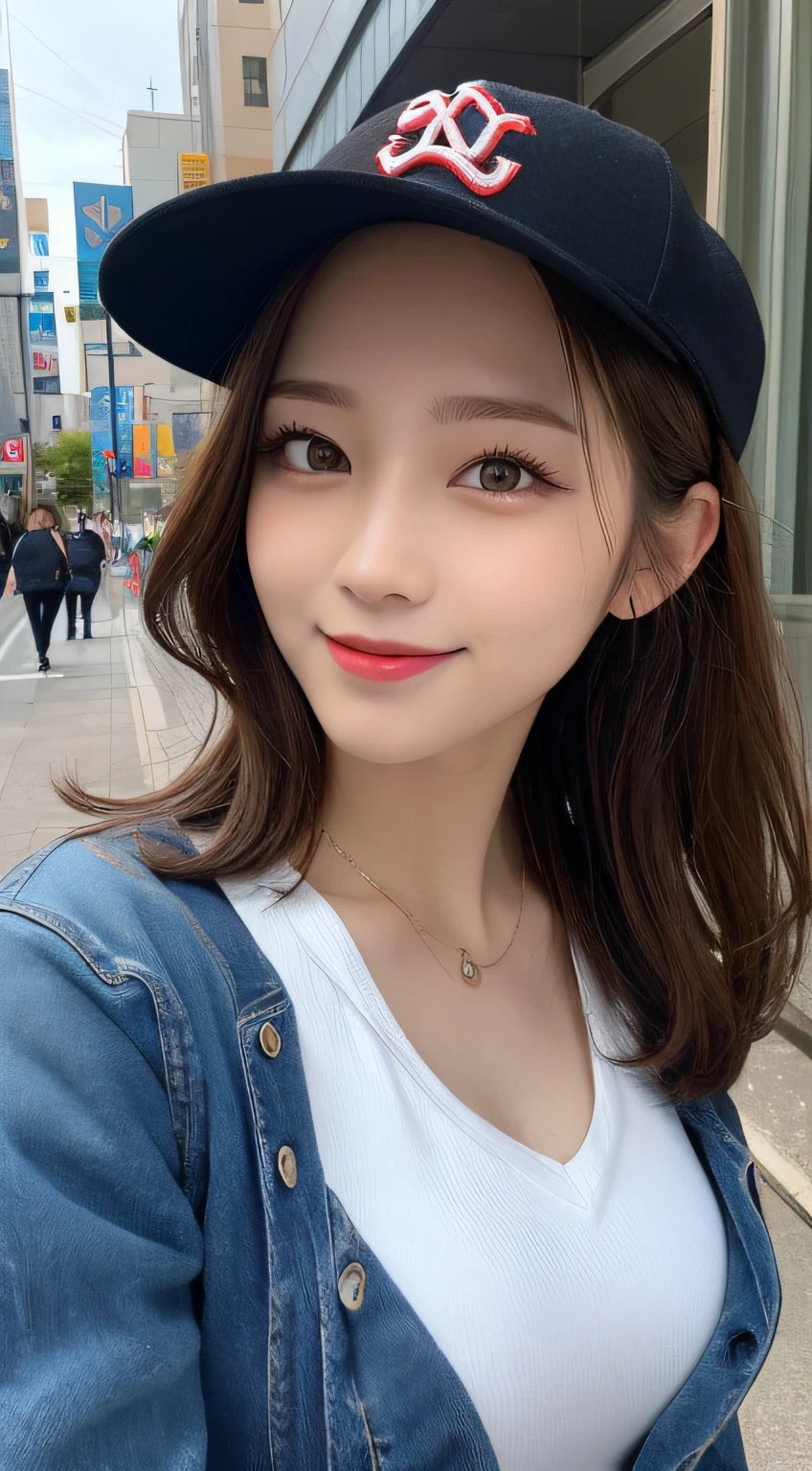 masutepiece, Best Quality, Illustration, Ultra-detailed, finely detail, hight resolution, 8K Wallpaper, Perfect dynamic composition, Beautiful detailed eyes, doress,Medium Hair, Mid-chest, Natural Color Lip, Random and sexy poses,Smile,Aoyama Street Walk、20 years girl, jeans, baseball hat