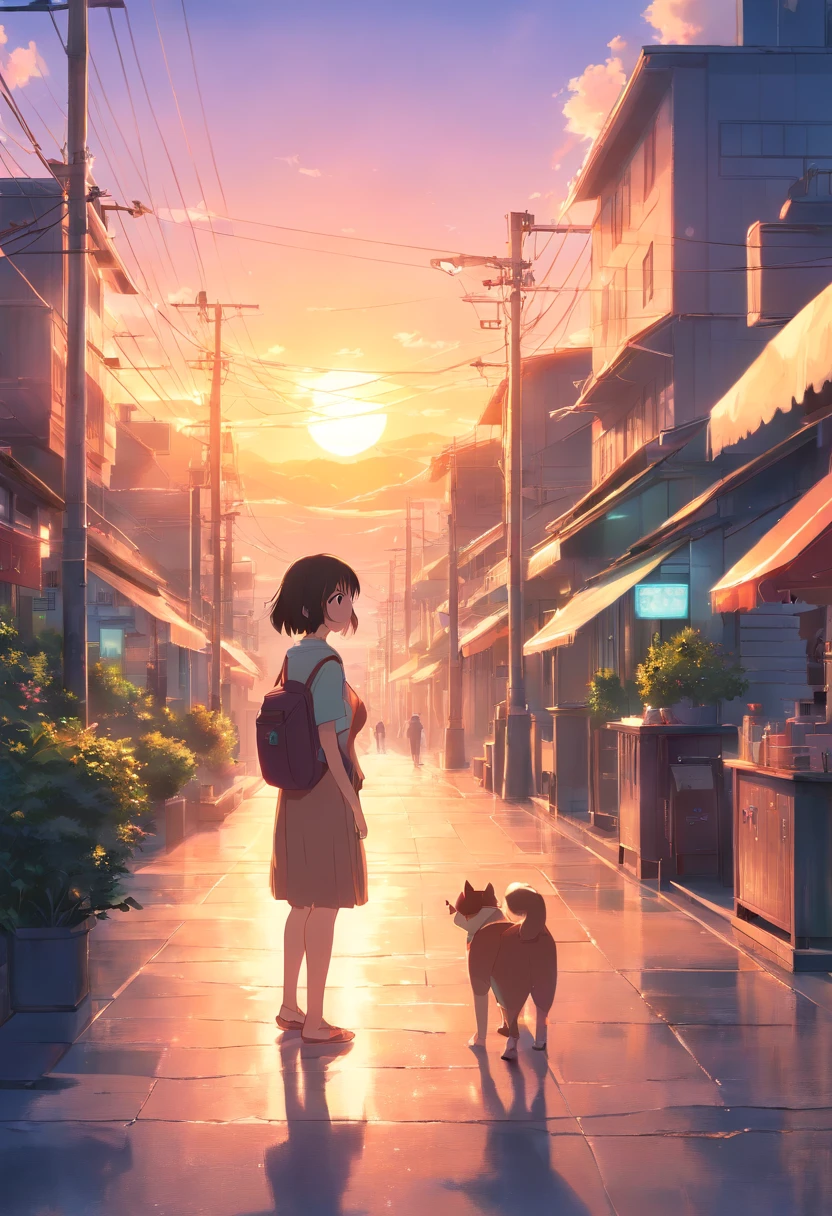 Extras: masterpiece, best quality, movie still, full-shot, dynamic angle slightly tilted, bright, happy, warm soft lighting, sunset, (sparks:0.7)