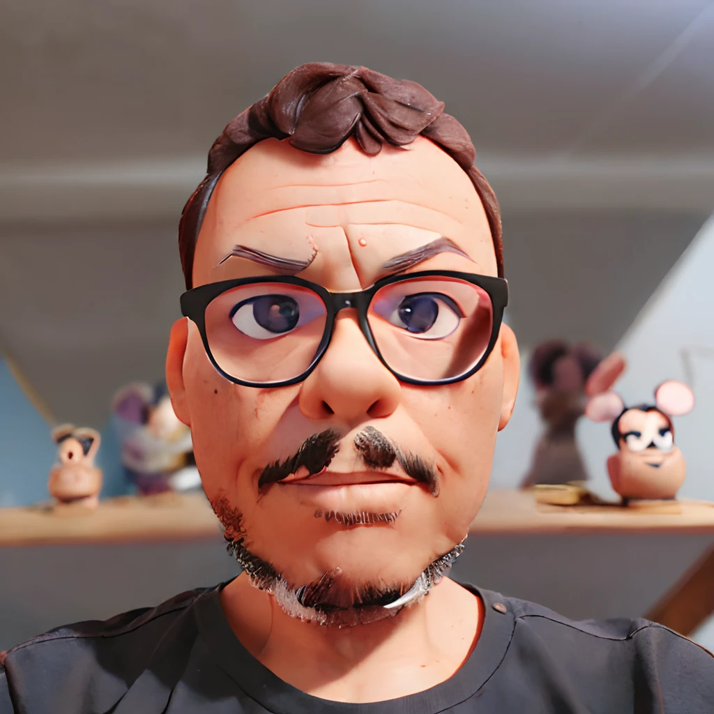 o (((estilo desenho animado de 3D Disney Pixar))), Create a frontal portrait from the shoulders up of a man with glasses. the background is black, and the lighting resembles a studio setup.