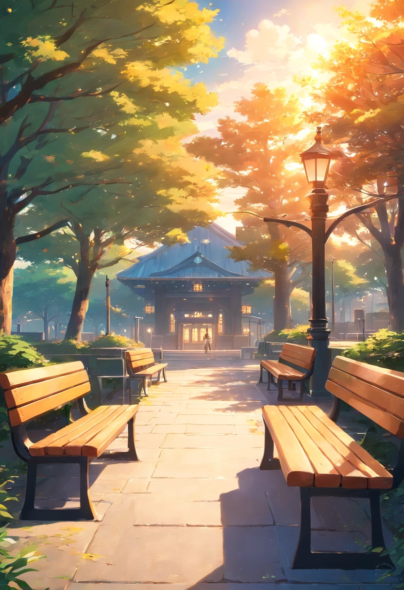 Background: Fantasy school, some decorations, nice sky. Middleground: Benches, trees. Extras: masterpiece, best quality, movie still, full-shot, dynamic angle slightly tilted, bright, happy, warm soft lighting, sunset, (sparks:0.7)