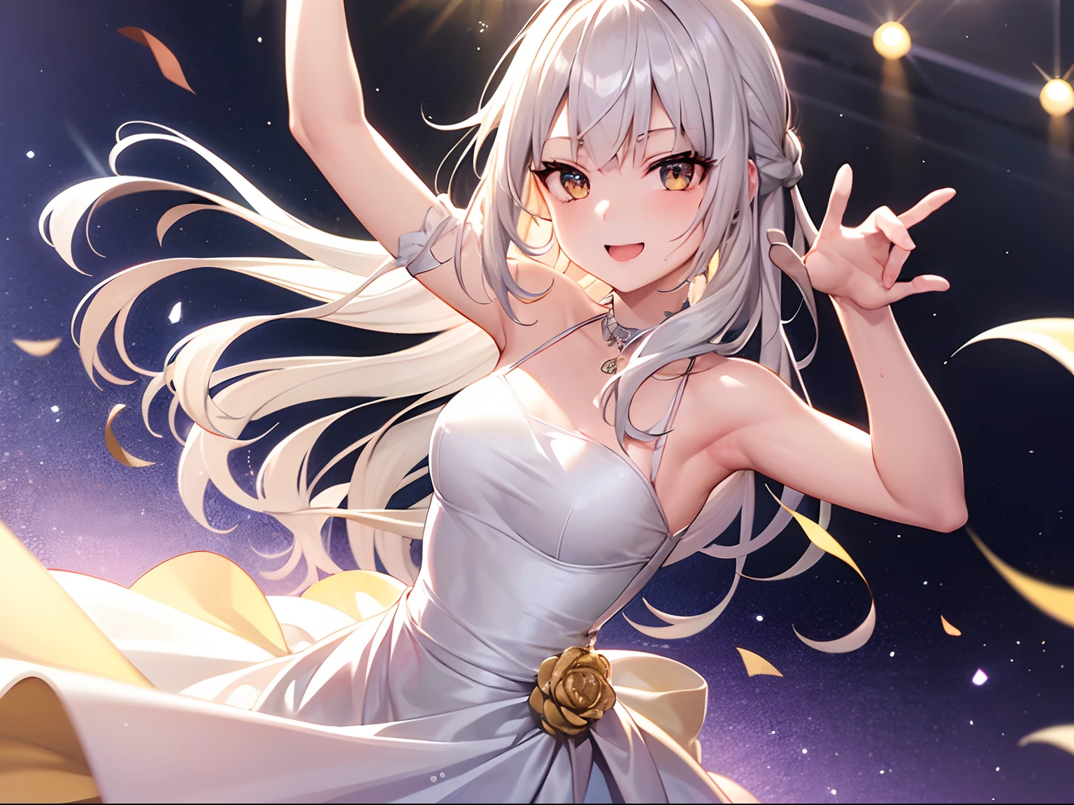 1girl, best quality, beautiful, short hair, 8K, act hot pose, white dress, dynamic angle, happy, earrings, perfect body, concept