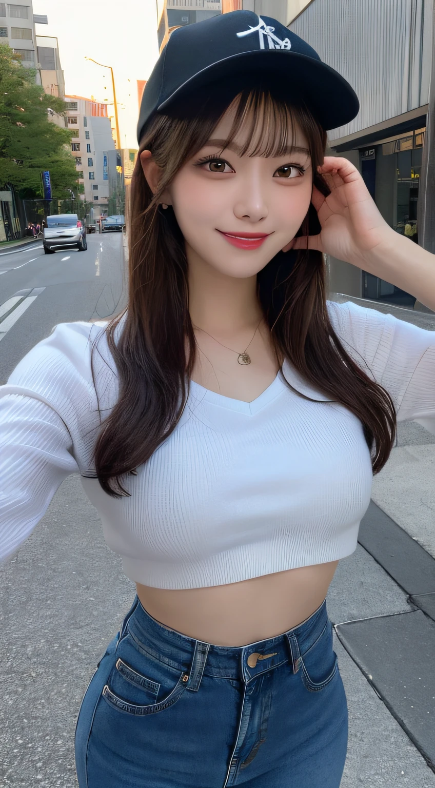 masutepiece, Best Quality, Illustration, Ultra-detailed, finely detail, hight resolution, 8K Wallpaper, Perfect dynamic composition, Beautiful detailed eyes, doress,Medium Hair, Mid-chest, Natural Color Lip, Random and sexy poses,Smile,Aoyama Street Walk、20 years girl, short jeans, baseball hat