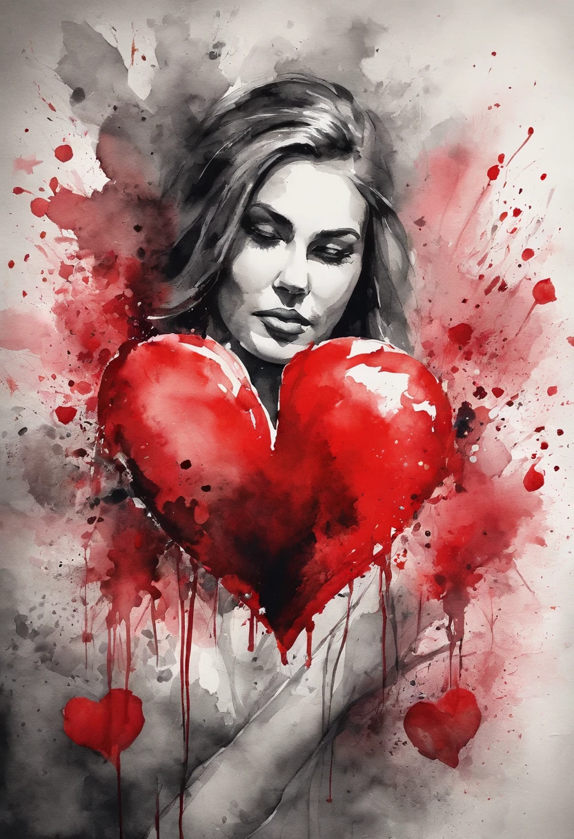 Color splash, Stylized photo of a 30-year-old woman ,She's got a red heart, Best Quality,the background is black , Highly detailed, HD, 2 thousand., 4k, 8K, 16k,32K64K,Ultra Rendering