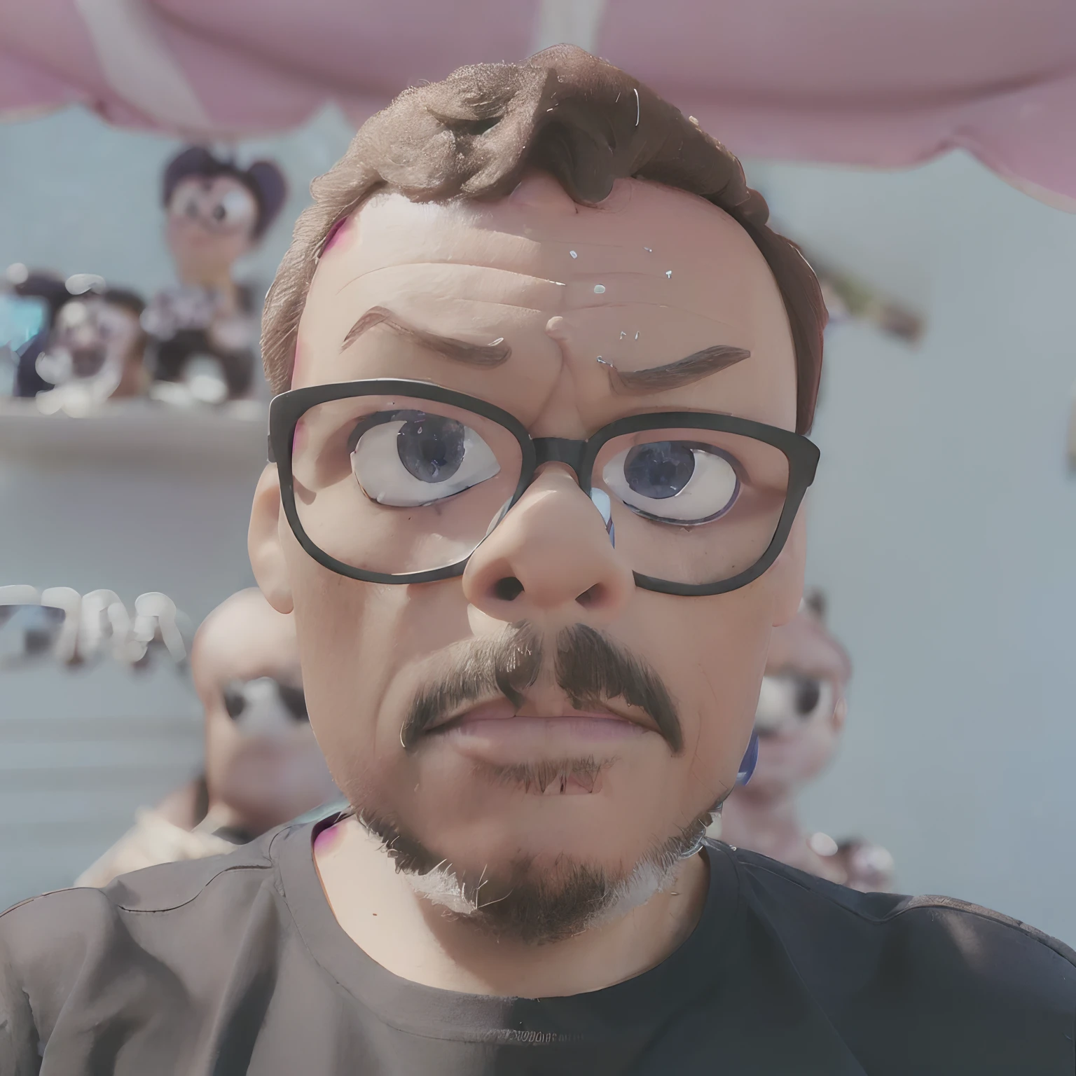 the (((style cartoon of 3D Disney Pixar))), create a front-facing portrait from the shoulders up of a man with glasses. The background is black, and the lighting resembles a studio setup.