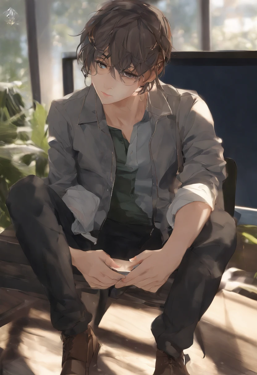 Anime man sitting in a chair with headphones and laptop, digital anime illustration, Handsome Anime Pose, Smooth Anime CG Art, anime handsome guy, young anime man, With headphones, kawacy, digital anime art, ig studios anime style, High quality anime art style, anime moe art style, digital art on pixiv, painted in anime painter studio