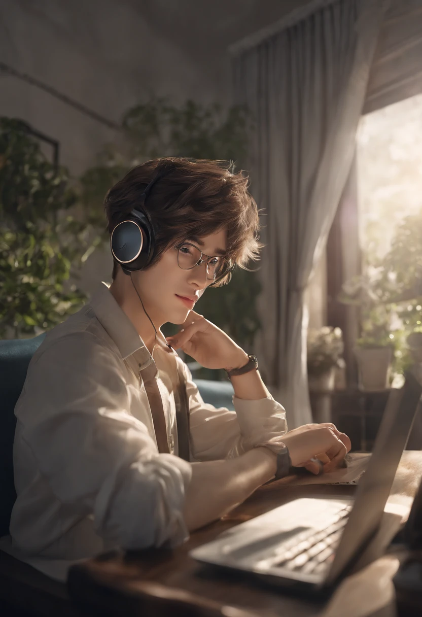 Anime man sitting in a chair with headphones and laptop, digital anime illustration, Handsome Anime Pose, Smooth Anime CG Art, anime handsome guy, young anime man, With headphones, kawacy, digital anime art, ig studios anime style, High quality anime art style, anime moe art style, digital art on pixiv, painted in anime painter studio