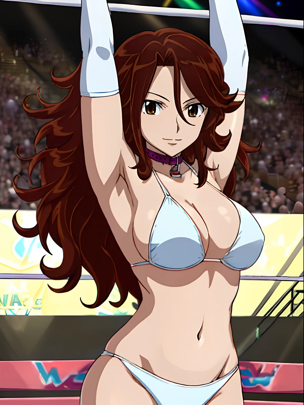 hug, Elegant lady, (upper body only), anime style: 1.8, anime drawing, ultra detailed face, ultra detailed body, 4k, Sumergai Lee Noriega, (standing), best quality, anime style, hires, highest definition, digital blending, bold drawing lines, ((wwe diva), (location: wrestling arena, crowds watching), ( slim body, (little biceps), , off-shoulders, closed fists, (curvy: 2.8)), ((white bikini, only, white gloves, collar, armpit protector)), victorious, winner, gentle, (pale skin, shiny skin, very big breasts, smile), (big eyes, brown eyes), (clapping), (brown hair, loose hair, curly hair, wavy hair, long hair, missy hair), 27 years old,