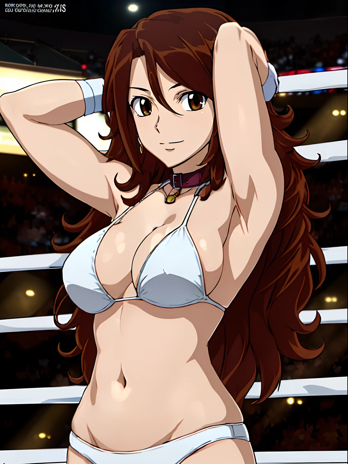 hug, Elegant lady, (upper body only), anime style: 1.8, anime drawing, ultra detailed face, ultra detailed body, 4k, Sumergai Lee Noriega, (standing), best quality, anime style, hires, highest definition, digital blending, bold drawing lines, ((wwe diva), (location: wrestling arena, crowds watching), ( slim body, (little biceps), , off-shoulders, closed fists, (curvy: 2.8)), ((white bikini, only, white gloves, collar, armpit protector)), victorious, winner, gentle, (pale skin, shiny skin, very big breasts, smile), (big eyes, brown eyes), (clapping), (brown hair, loose hair, curly hair, wavy hair, long hair, missy hair), 27 years old,