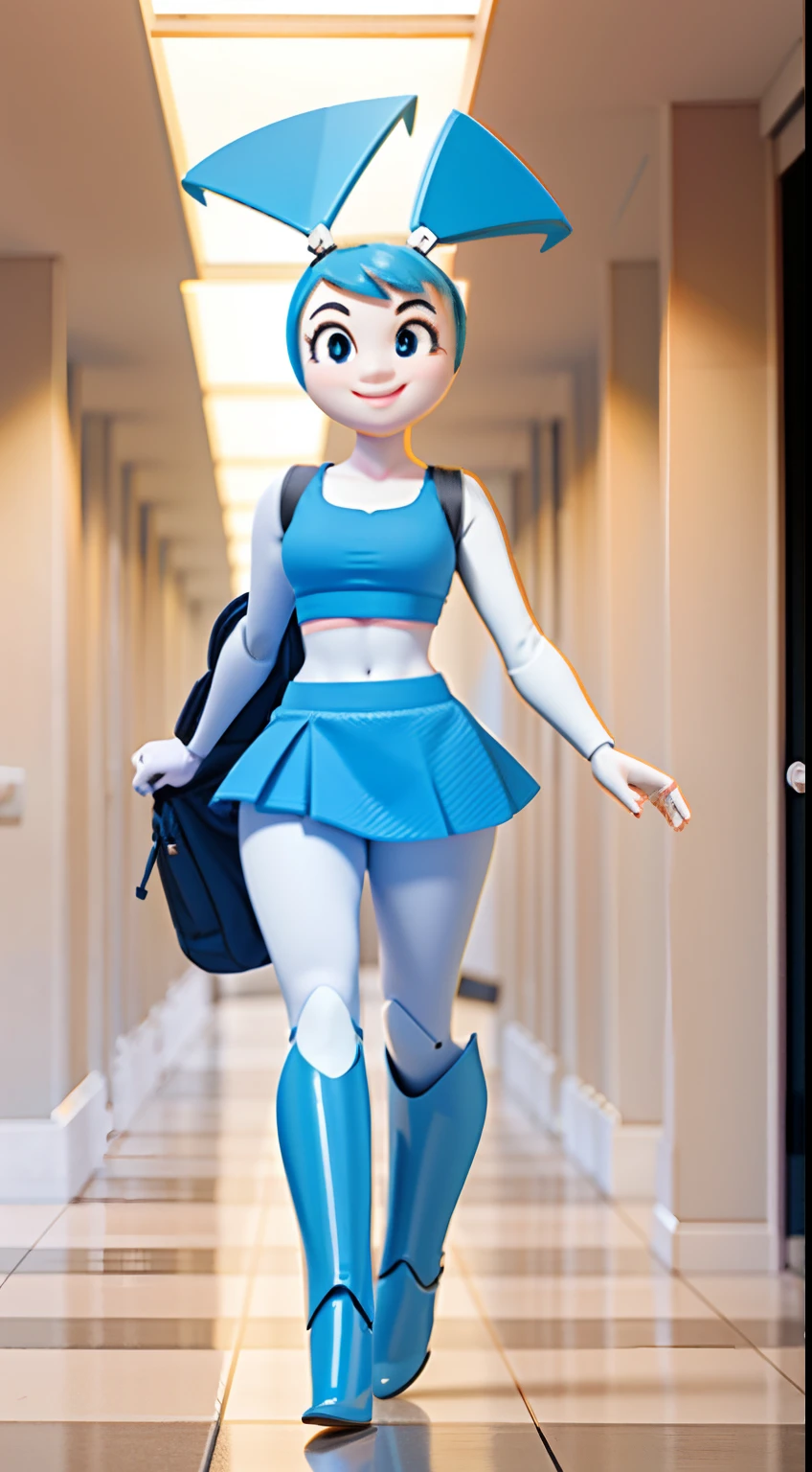 Walking down school hallway, wearing a backpack, looking at viewer, smiling, blue midriff, blue miniskirt, metallic body, robot joints, daytime, blue pigtails, blue knee high boots, vibrant colors