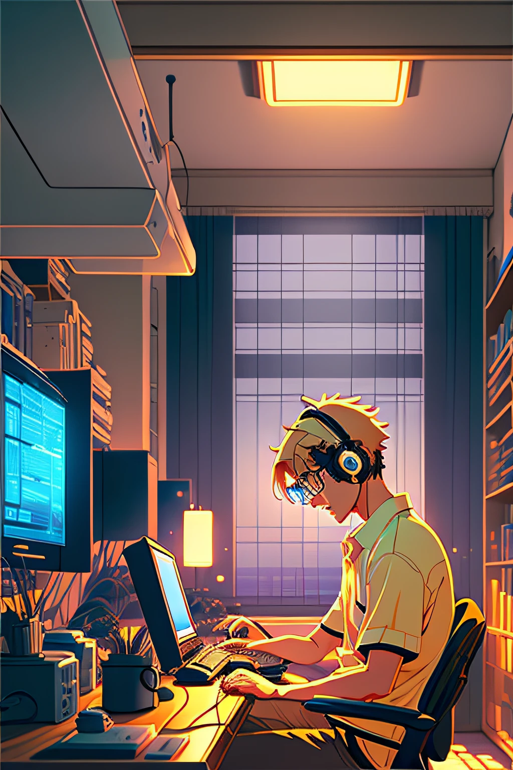a nerdy man, dark blonde hair, is programming at a computer in a room full of gadgets, by makoto shinkai and ghibli studio, dramatic lighting, highly detailed, incredible quality --auto --s2