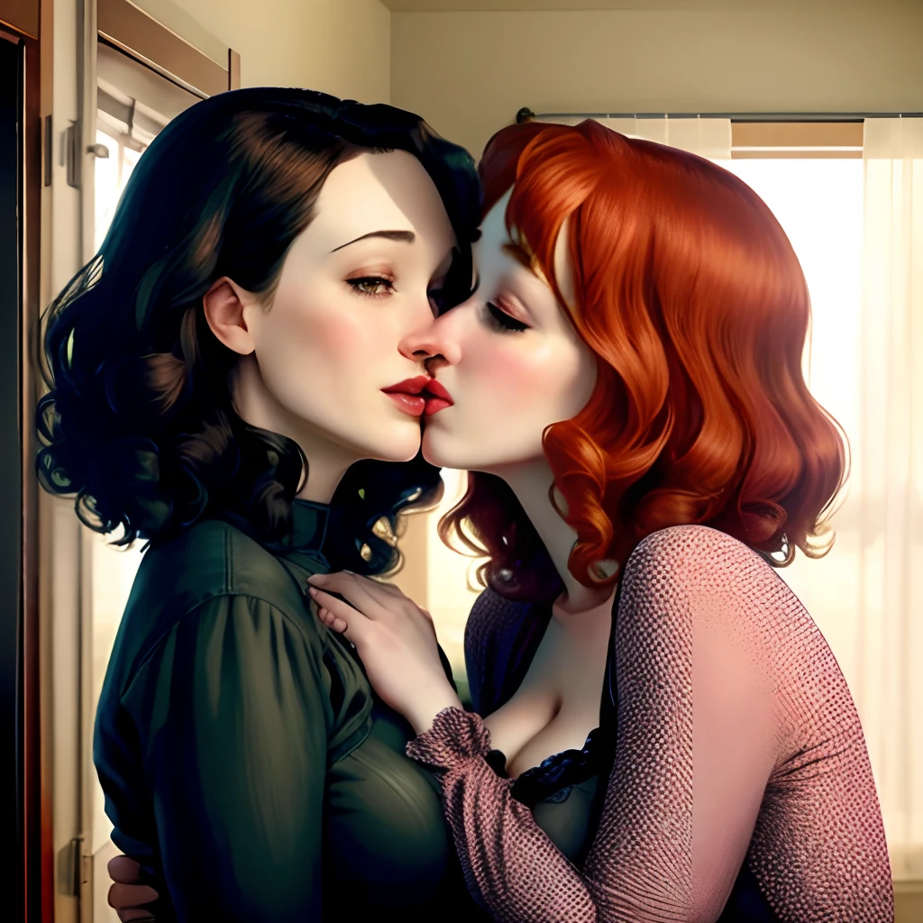 Christina Hendricks and Kat Dennings kissing