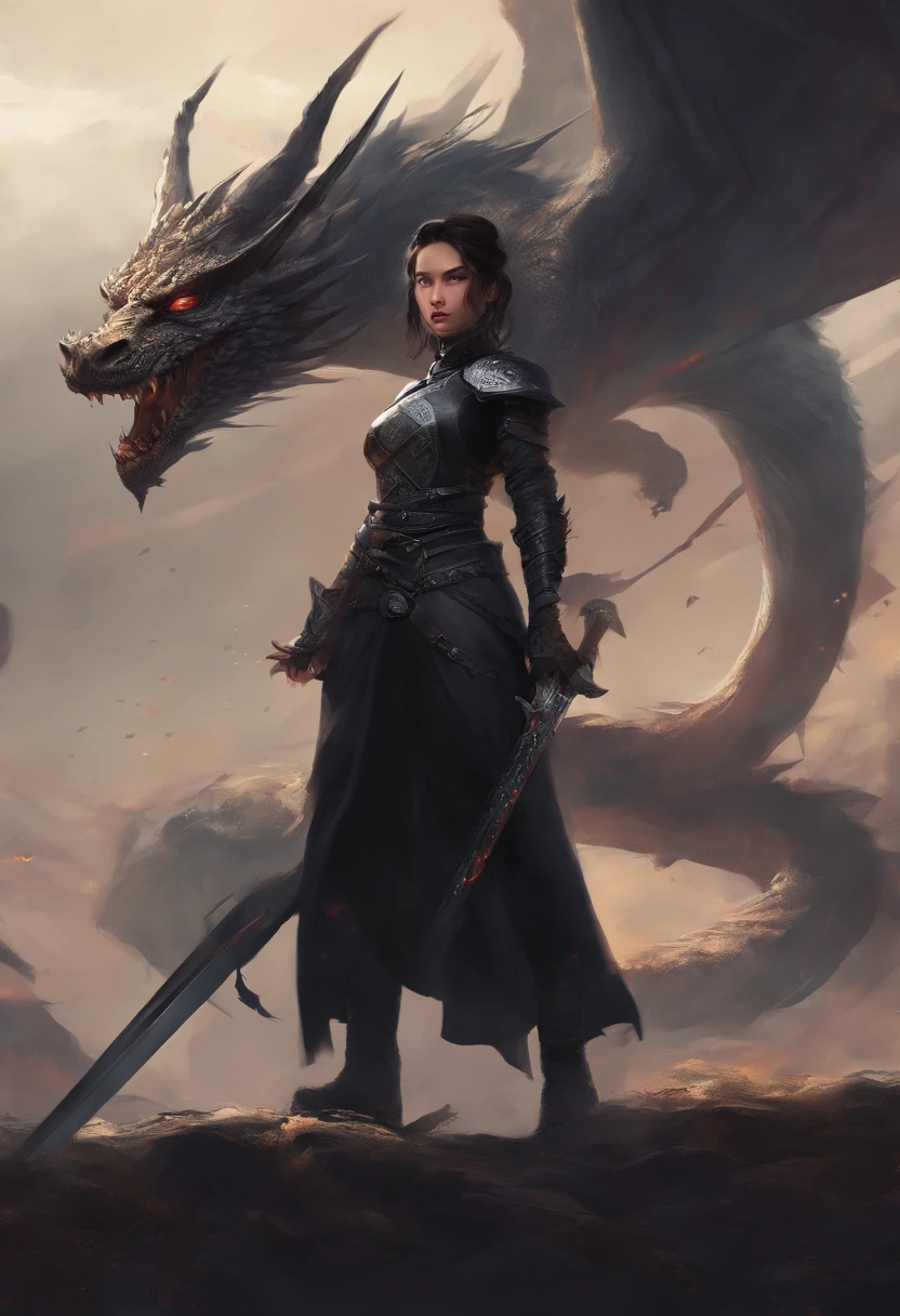 mythology, dragon slayer young girl with sword, dressed in black
