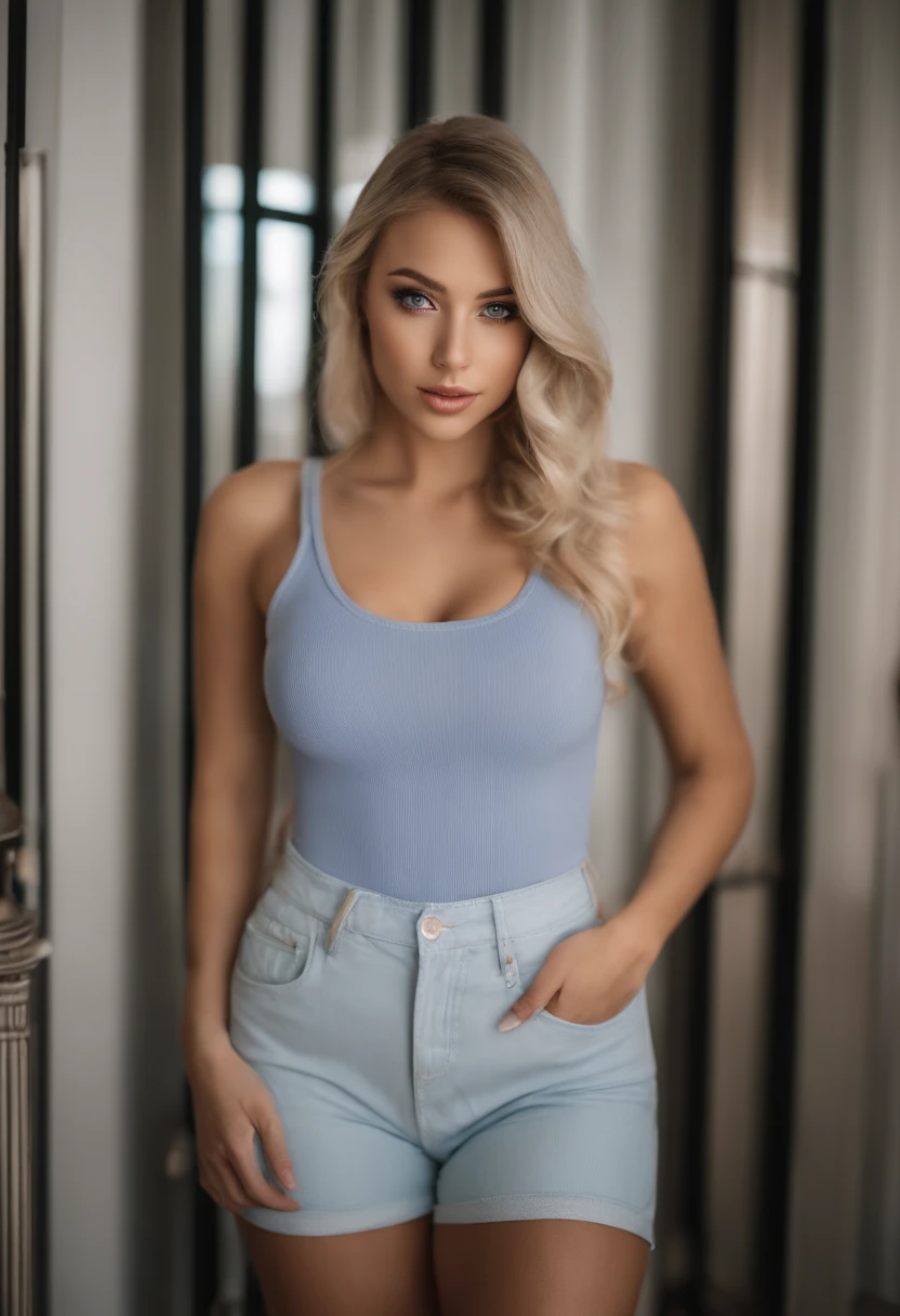 Woman with matching tank top and panties, Sexy girl with blue eyes, portrait sophie mudd, portrait corinna kopf, blonde hair and large eyes, Selfie einer jungen Frau, Augen im club Violet Myers, ohne Make-up, Natural makeup, Blick direkt in die Kamera, Gesicht mit Artgram, dezentes Make-up, Stunning full body shot, im Schlafzimmer, Spaltung