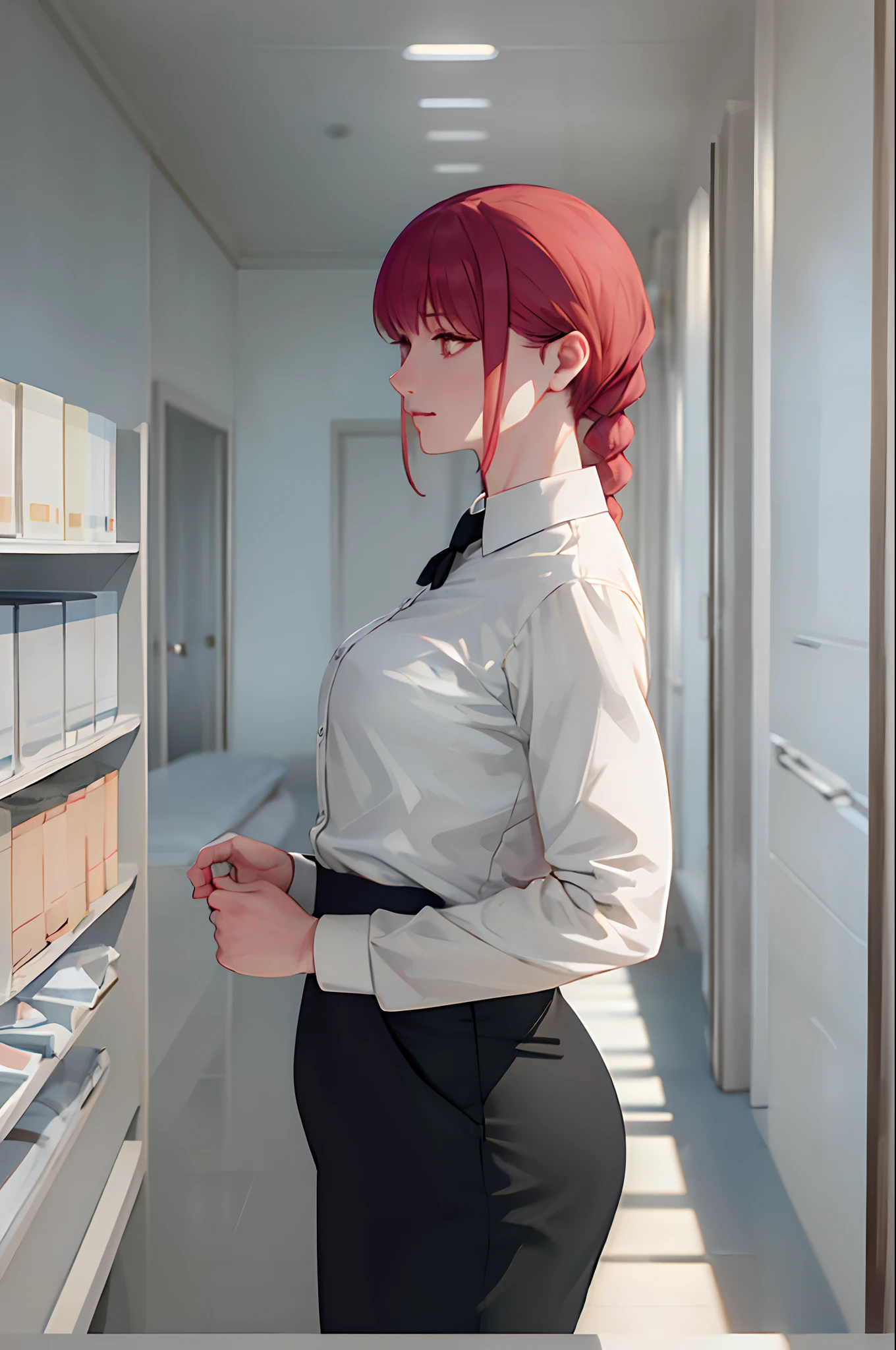 masterpiece, best quality, ultra-detailed, Potrait of beautiful MakimaCSM, solo, shirt, long_sleeves, white_shirt, collared_shirt, pants, from_behind, arms_behind_back, black_pants, formal, suit, arm_behind_back, shirt_tucked_in, facing_away, office_lady, business_suit, high-waist_pants, volumetric lighting, best quality, masterpiece, intricate details, tonemapping, sharp focus, hyper detailed, trending on Artstation,close up shot