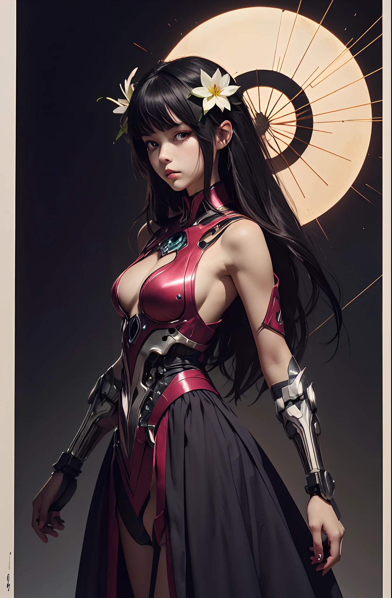 _(High quality), (graphic drawing), (laconic, clear silhouette), (Clear graphic line - color graphics), (drawn Anime style), high artistic quality of the image.
  A young girl, half-turned, stands at full height in front of the camera. Graceful figure, small breasts, long hair - red, short. She's wearing a blue lacy dress, satin - click. Her hair is decorated with several flowers, lilies or lotuses. Expensive jewelry on her body emphasizes the grace of her forms.
  In her hand she holds a cybernetic skull, a defeated mechanical enemy, in her hands. Wires and electronic elements are part of this form.
Bright juicy image, sun, contrasting warm light, cold shade of greenery. Hand-drawn style, illustration, concept. High quality, best sample.