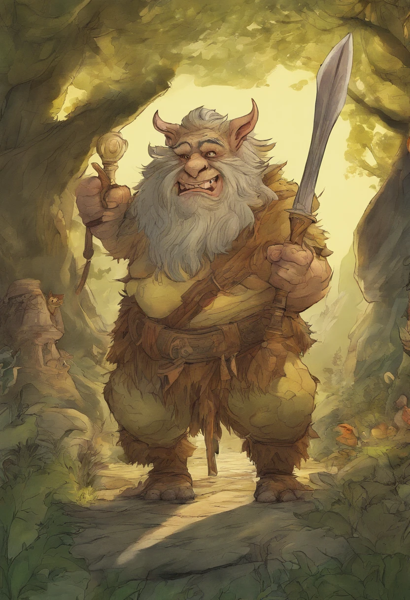 there is a painting of a light yellow-skin troll, big and fat, Wearing Tabby Suit, , epic full color illustration, looking happy and having fun, fur-clad barbarian goliath, a druid, gnoll, tyler edlin fantasy art, troll, gravel road art style, high fantasy illustration, druid warrior, amazingly detailed d & d art