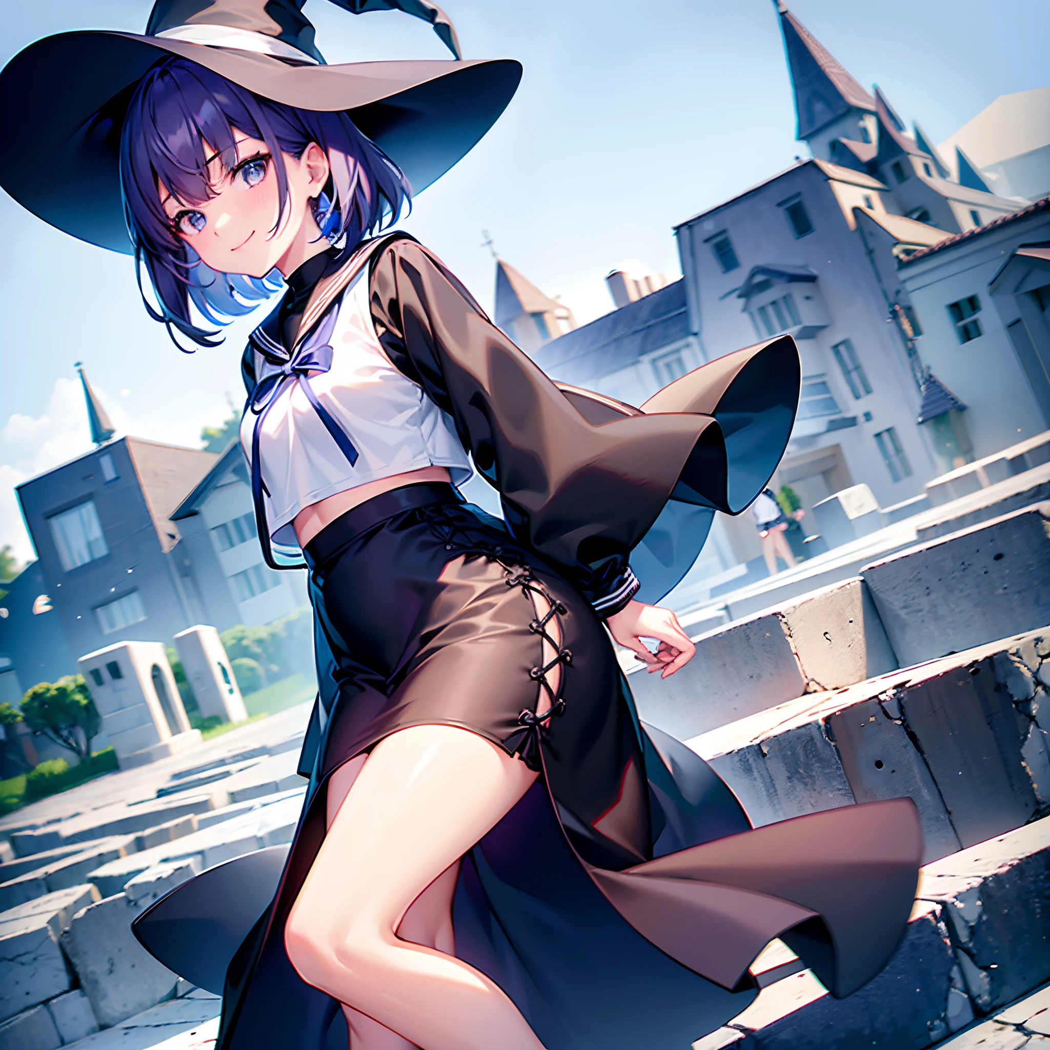 A mystical otherworldly half-timber town、Standing Girl、Black coat、white t-shirt、a black skirt、beautiful thigh、Beautiful calves、White short hair with blue-purple mesh、Looking at me with a smile、Black sneakers with white shoelaces、Large witch hat with sapphire accessories、Dark brown eyes with highlights、On a hilltop with a panoramic view of the town、a sailor suit