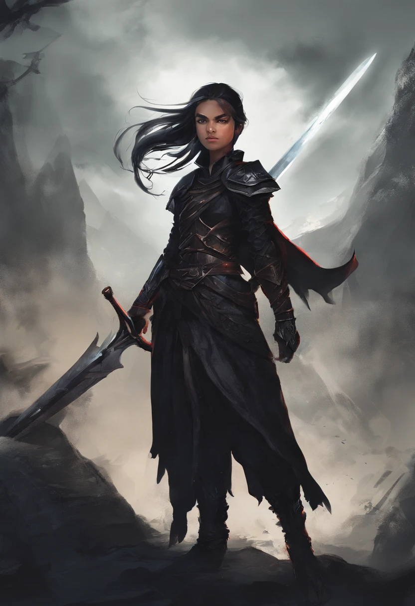 mythology, dragon slayer girl with sword, dressed in black