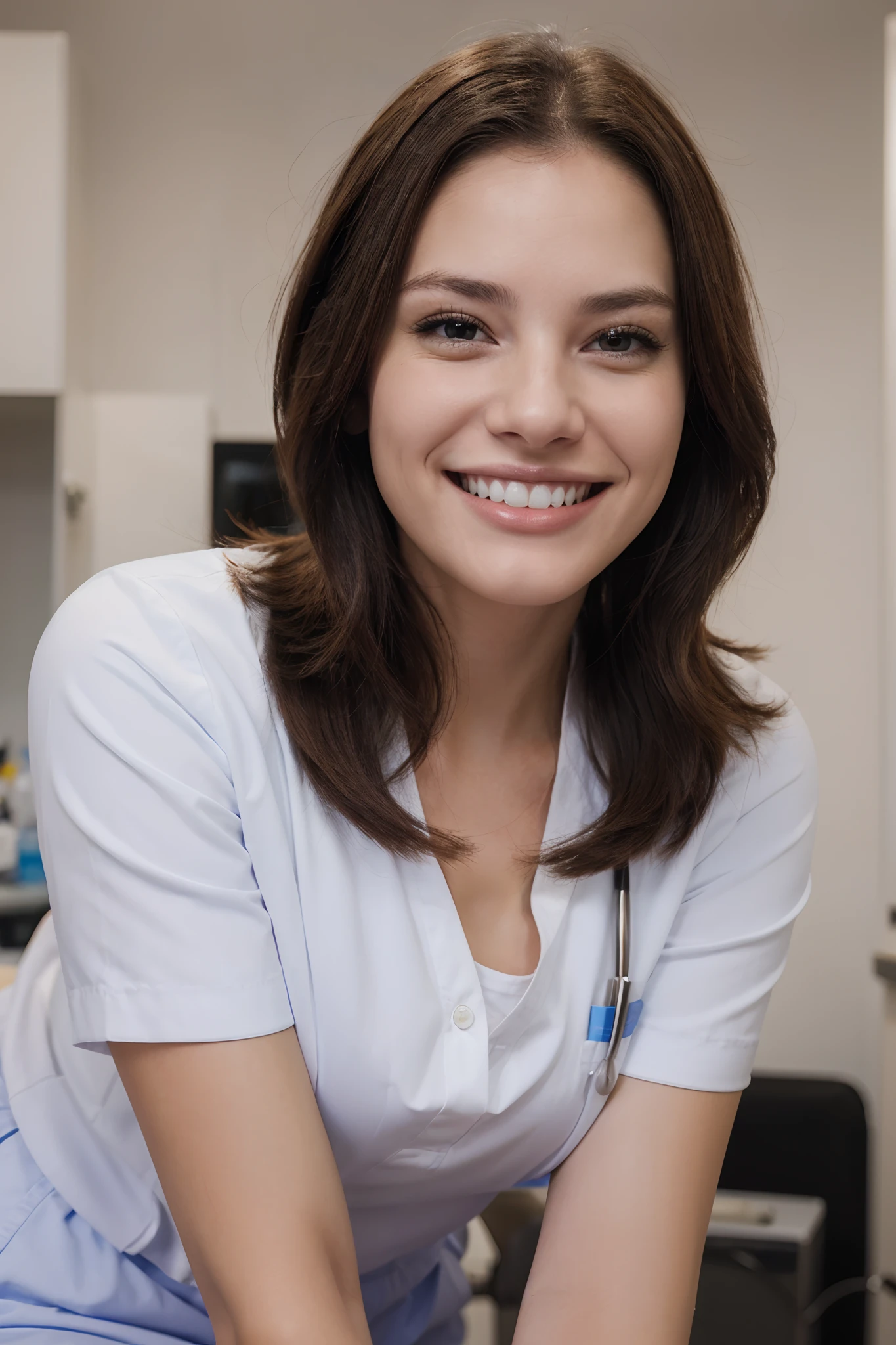 a single beautiful female veterinary technician, smiling with straight white teeth