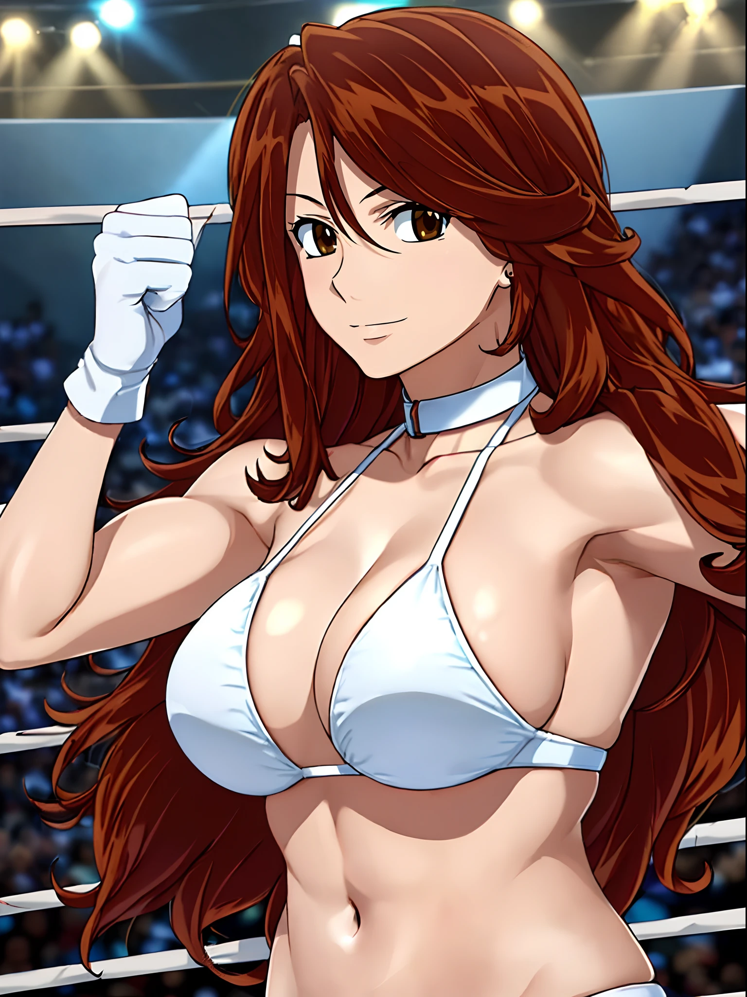 hug, Elegant lady, (upper body only), anime style: 1.8, anime drawing, ultra detailed face, ultra detailed body, 4k, Sumergai Lee Noriega, (standing), best quality, anime style, hires, highest definition, digital blending, bold drawing lines, ((wwe diva), (location: wrestling arena, crowds watching), ( slim body, (little biceps), , off-shoulders, closed fists, (curvy: 2.8)), ((white bikini, only, white gloves, collar, armpit protector)), victorious, winner, gentle, (pale skin, shiny skin, very big breasts, smile), (big eyes, brown eyes), (clapping), (brown hair, loose hair, curly hair, wavy hair, long hair, missy hair), 27 years old,