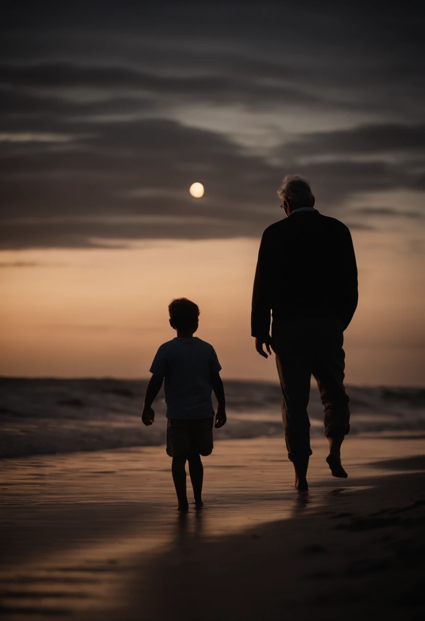 vieil homme avec son fils la nuit dans la plage