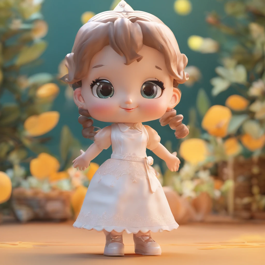 super cute girl IP by pop mart, Bright eyes, cherub,Little white dress, Clay, Models, a blind box toy, Glossy and delicate,Clean background, Good gloss, 3D rendering of,Best quality